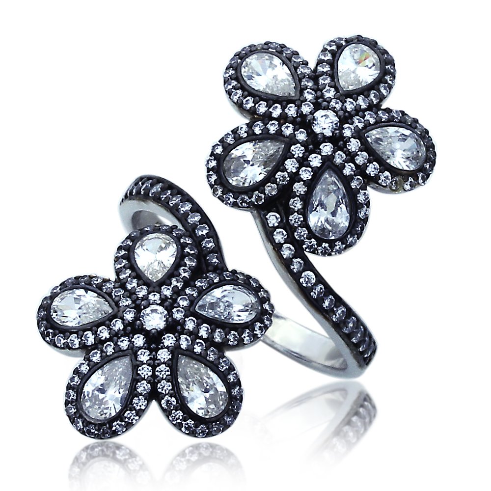 Elegant Sterling Silver Rhodium Plated Cubic Zirconia Flower Adjustable Ring for Women (Size 5-9) | Perfect Gift for Anniversary, Valentine's Day & Everyday Wear