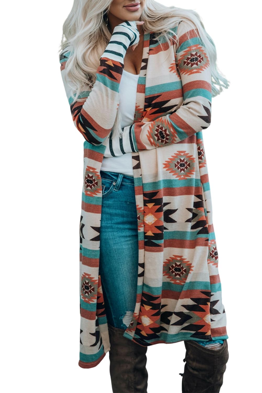 Women's Soft Geometric Color Block Open Front Long Cardigan Sweater - Lightweight Casual Cover-Up for Fall & Spring | Perfect for Office, Date Night & Weekend Outings