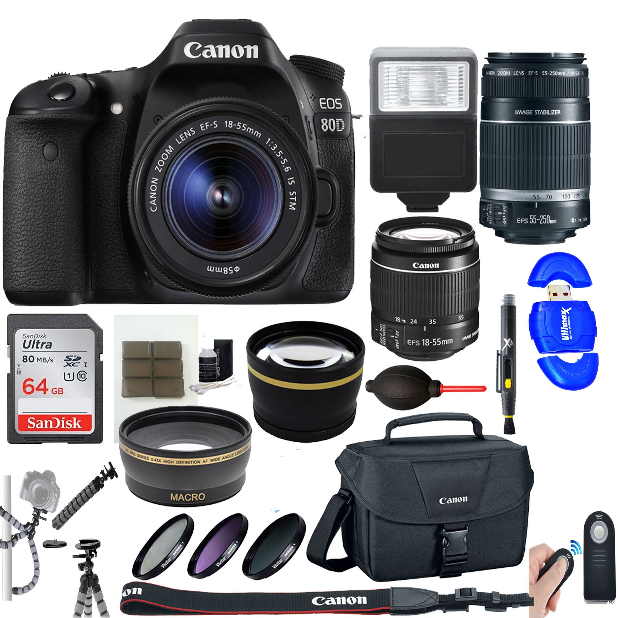 Canon EOS 80D DSLR Camera with 18-55mm STM & 55-250mm IS Lenses - Professional Photography Bundle for Travel, Portrait & Sports Shooting