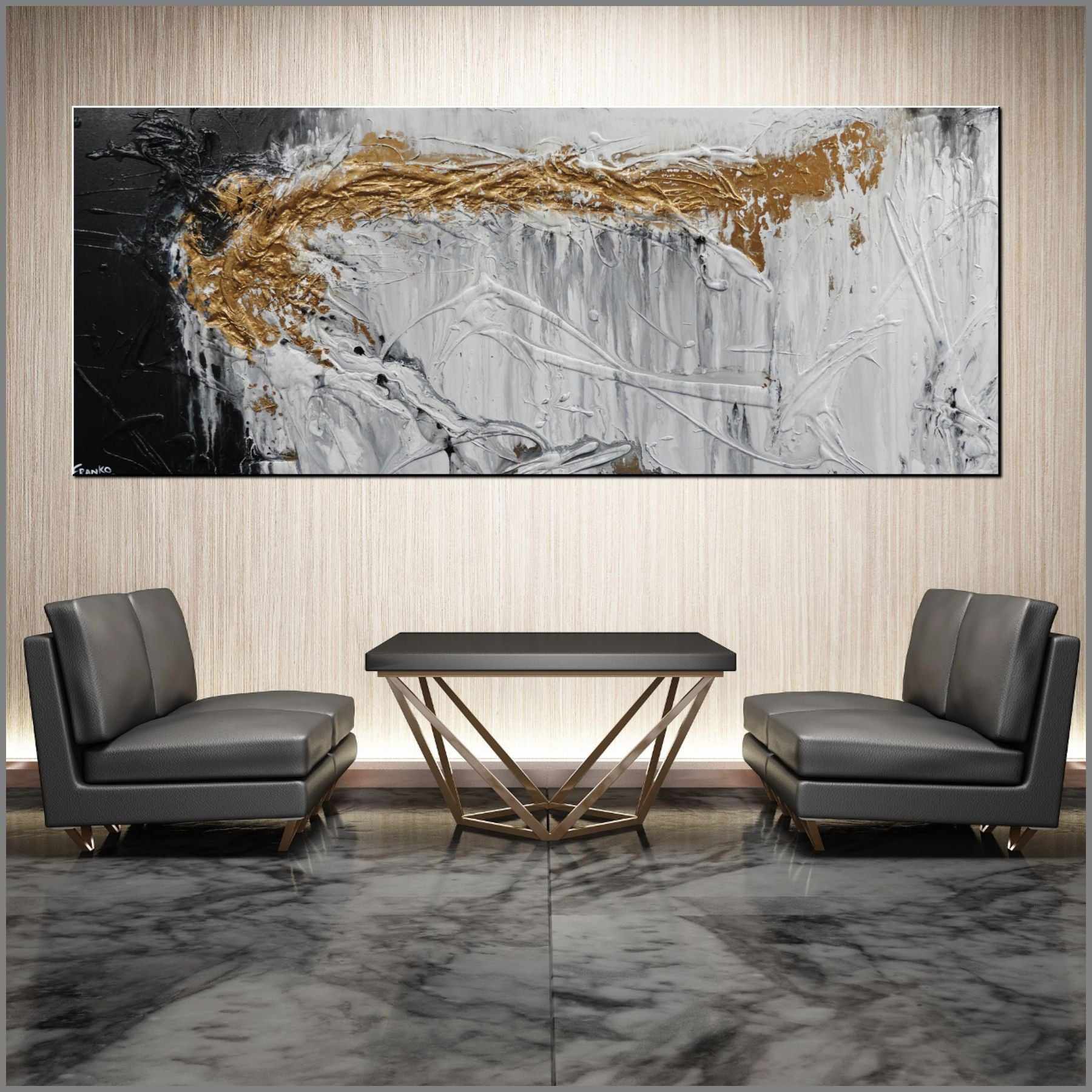 Golden Marble Grey Gold Black Abstract Textured Painting 200cm x 80cm - Modern Wall Art for Living Room, Bedroom & Office Decor