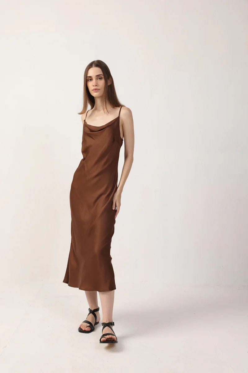 Elegant Cowl Neck Satin TENCEL™ Midi Dress for Women - Soft & Flowy, Available in Multiple Colors | Perfect for Date Nights, Cocktail Parties & Special Occasions