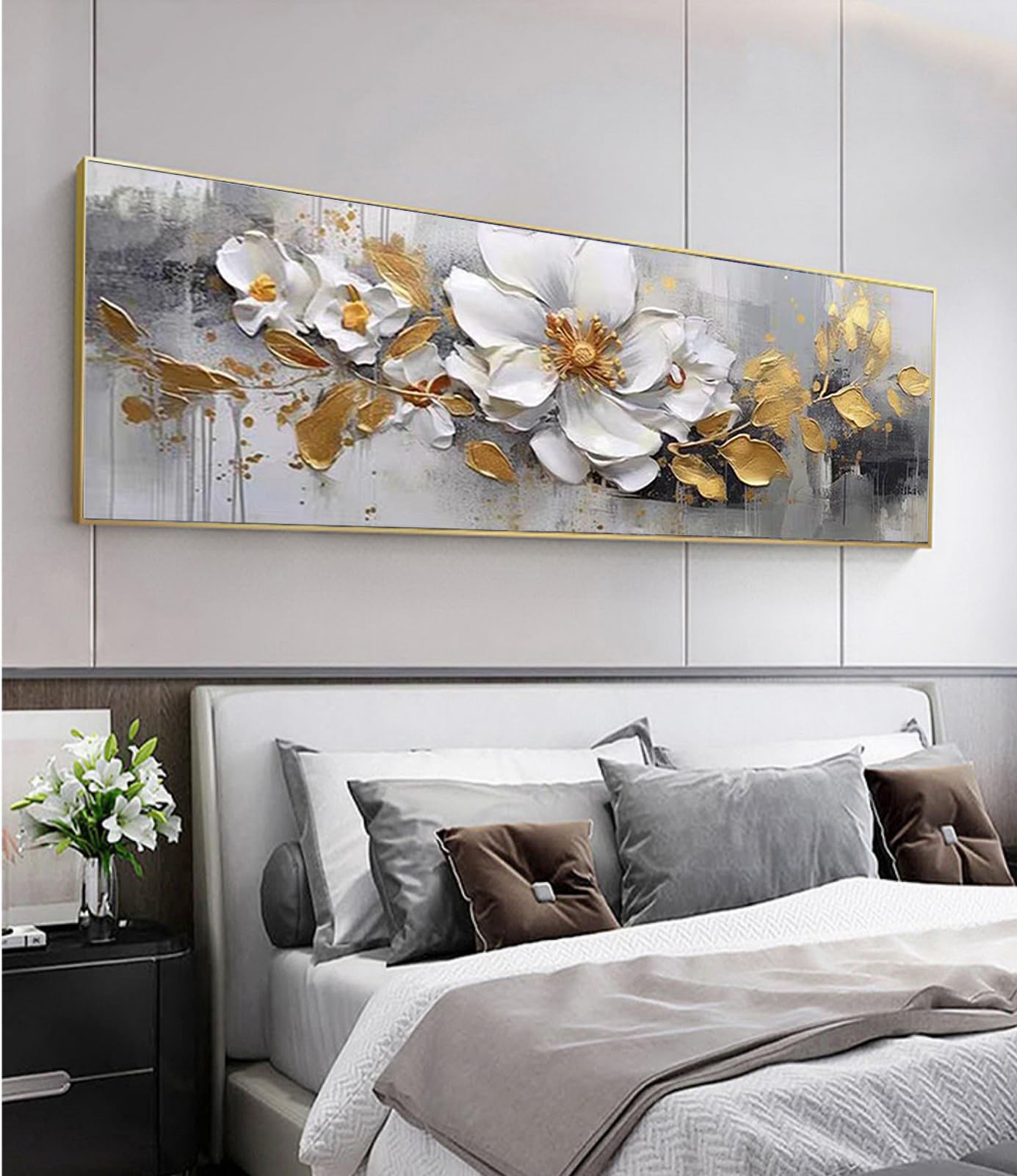 Hand Painted White Flower Golden Leaf Floral Oil Painting on Canvas - Large 24x56 Inch Framed Wall Art for Living Room, Bedroom, Office & Kitchen Decor | Perfect for Home, Office & Restaurant Wall Decoration