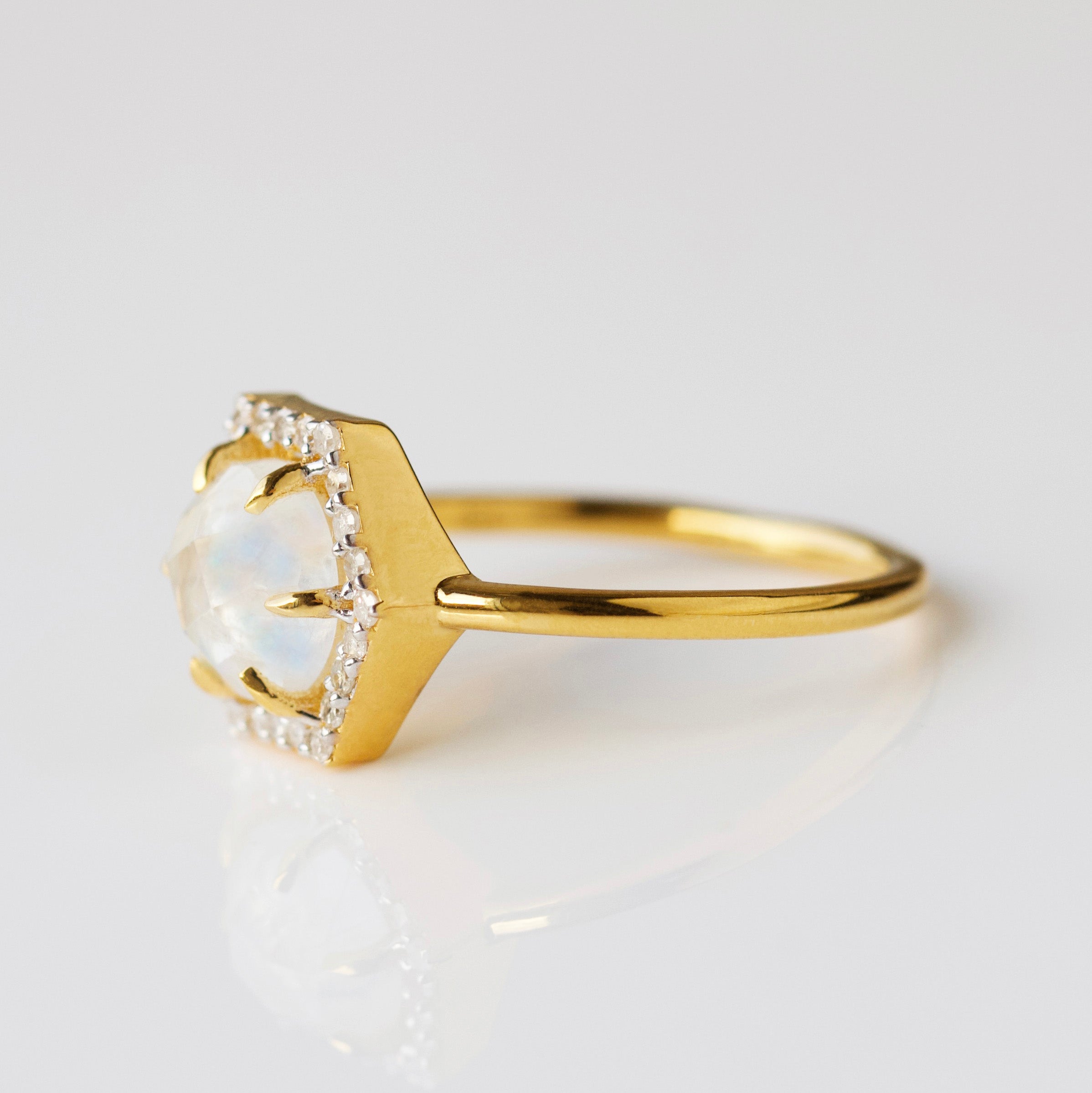 Moonstone & Diamond Hexagon Ring for Women - Elegant Vintage Jewelry for Engagement, Wedding, and Special Occasions