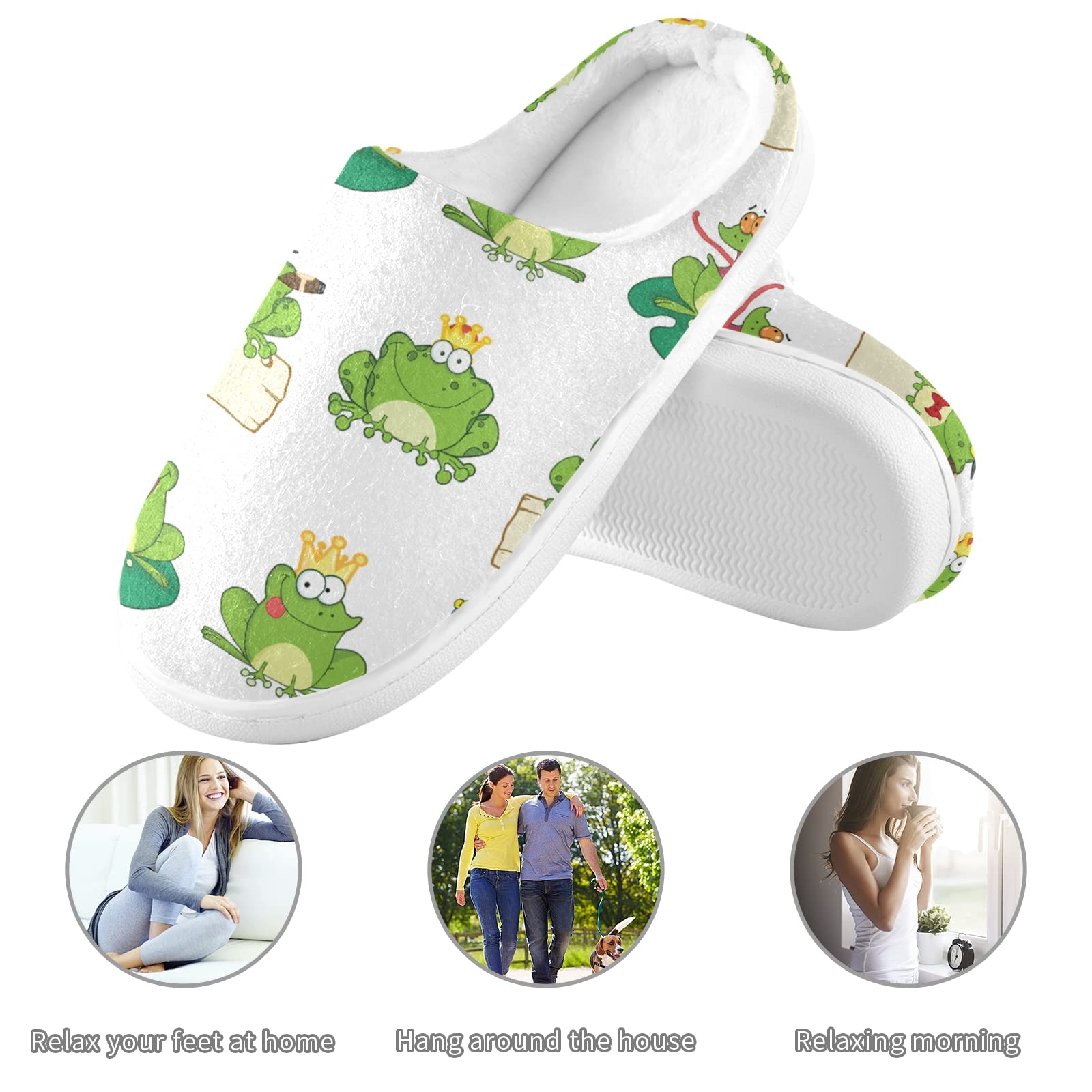 Happy Green Frogs Cartoon Memory Foam Slippers - Soft Fuzzy House Shoes for Women & Men, Comfortable Indoor Outdoor Slippers Size S - Perfect for Home, Bedroom, Lounge & Backyard Relaxation