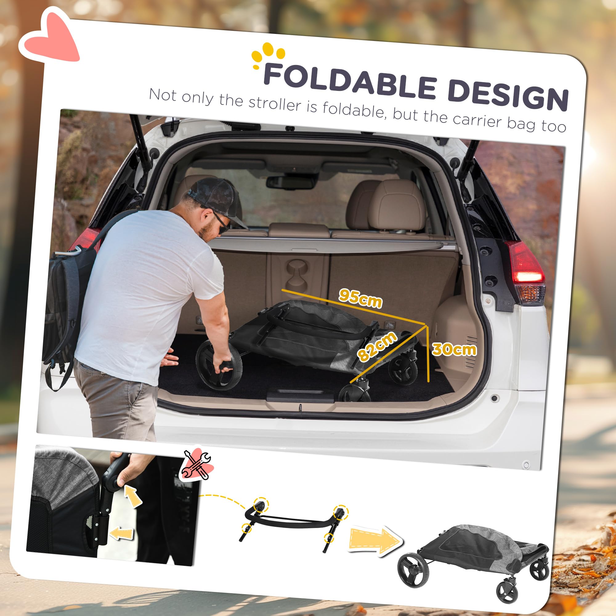 PawHut 4-Wheel Folding Dog Stroller for Medium & Large Dogs - Universal Wheels, Storage Basket & Safety Leash - Gray Pet Carrier for Walking, Shopping & Outdoor Adventures
