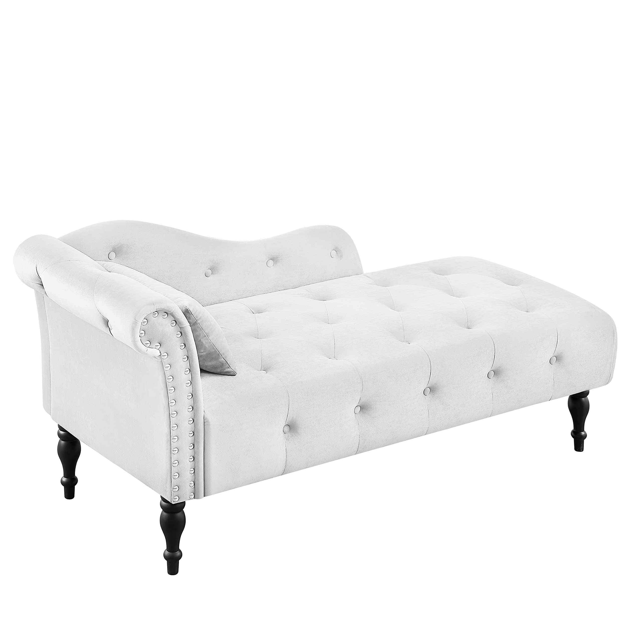 Luxury Velvet Chaise Lounge Sofa Bed - Modern Tufted Button & Nailhead Trim Design with Rolled Left Armrest & Pillow - Perfect for Bedroom, Living Room & Home Office (White)