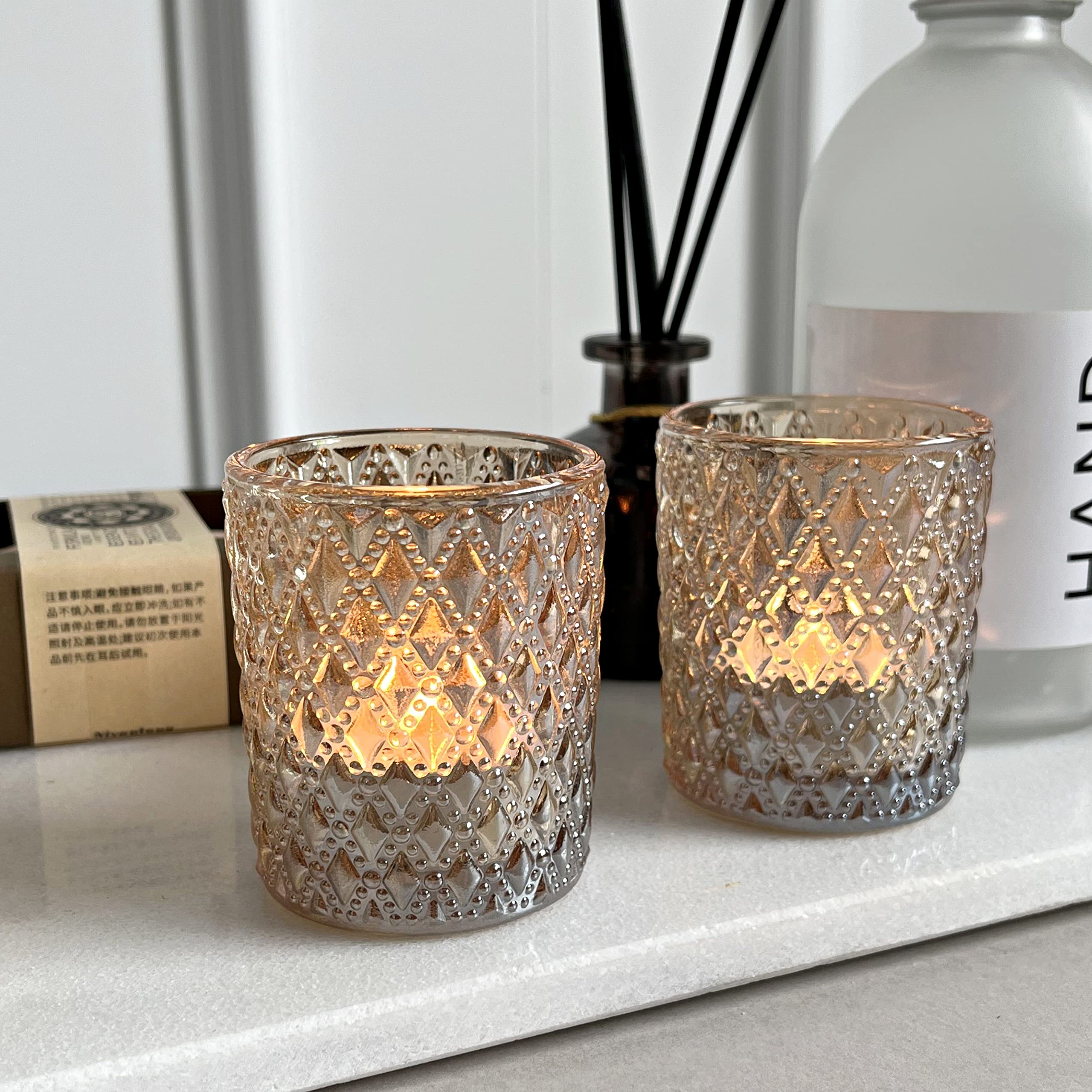 SHMILMH 12-Pack Champagne Gold Glass Votive Candle Holders - Elegant Tealight Candle Holders for Wedding Centerpieces, Birthday Party Decor, Halloween & Thanksgiving Table Settings - Perfect for Romantic Dinners, Spa Nights and Holiday Home Decor