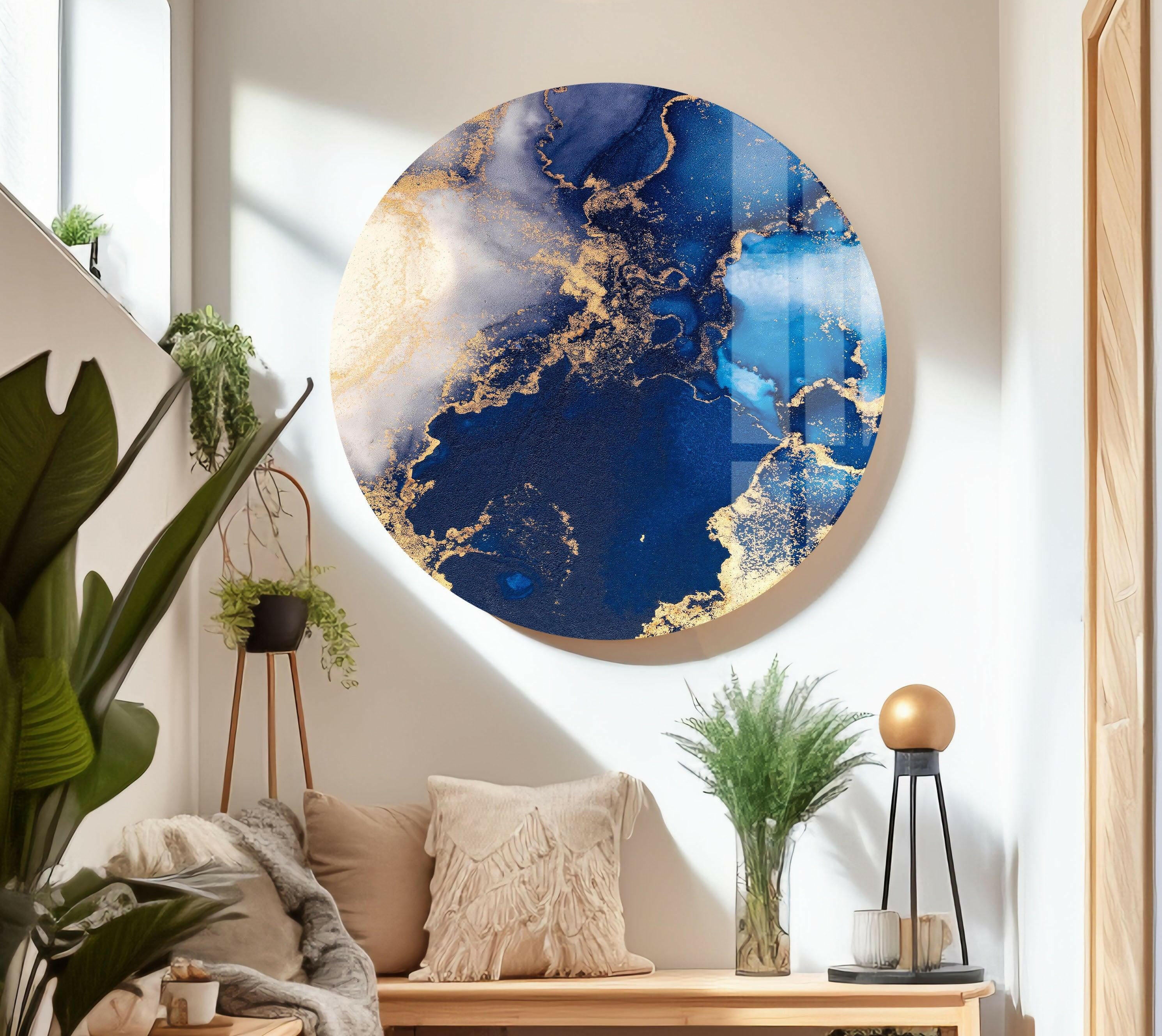 Blue & Gold Marble Design Glass Wall Art - Elegant Home Decor for Living Room, Bedroom & Office - Perfect for Modern Interior Design & Gifts