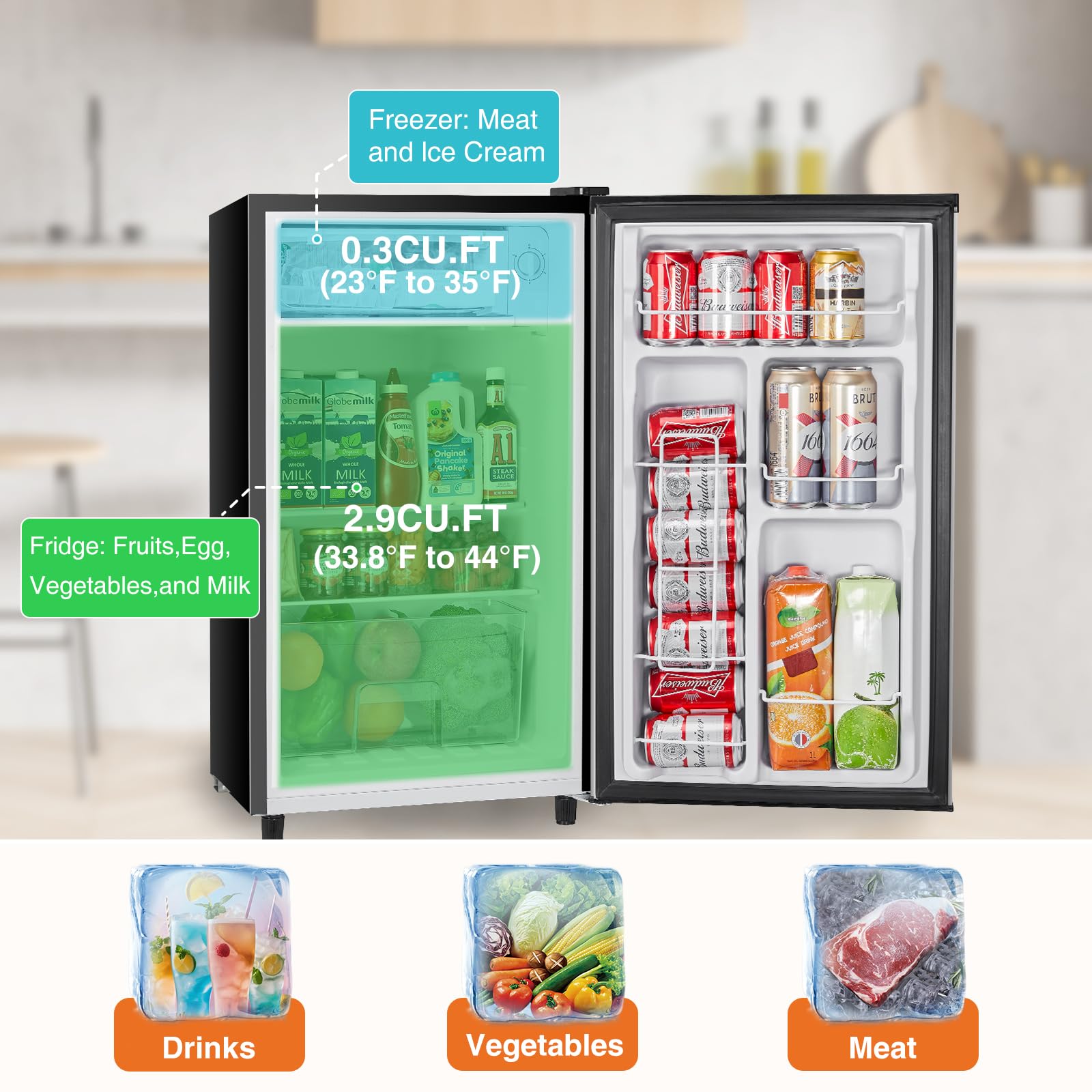 Sweetcrispy 3.2 Cu.Ft Mini Fridge with Freezer - Compact Single Door Refrigerator with Adjustable Thermostat, Energy Efficient & Low Noise - Perfect for Bedroom, Office, Dorm, Apartment, RV, or Small Spaces (Silver Door) - Keep Drinks Cold & Food Fresh Anywhere