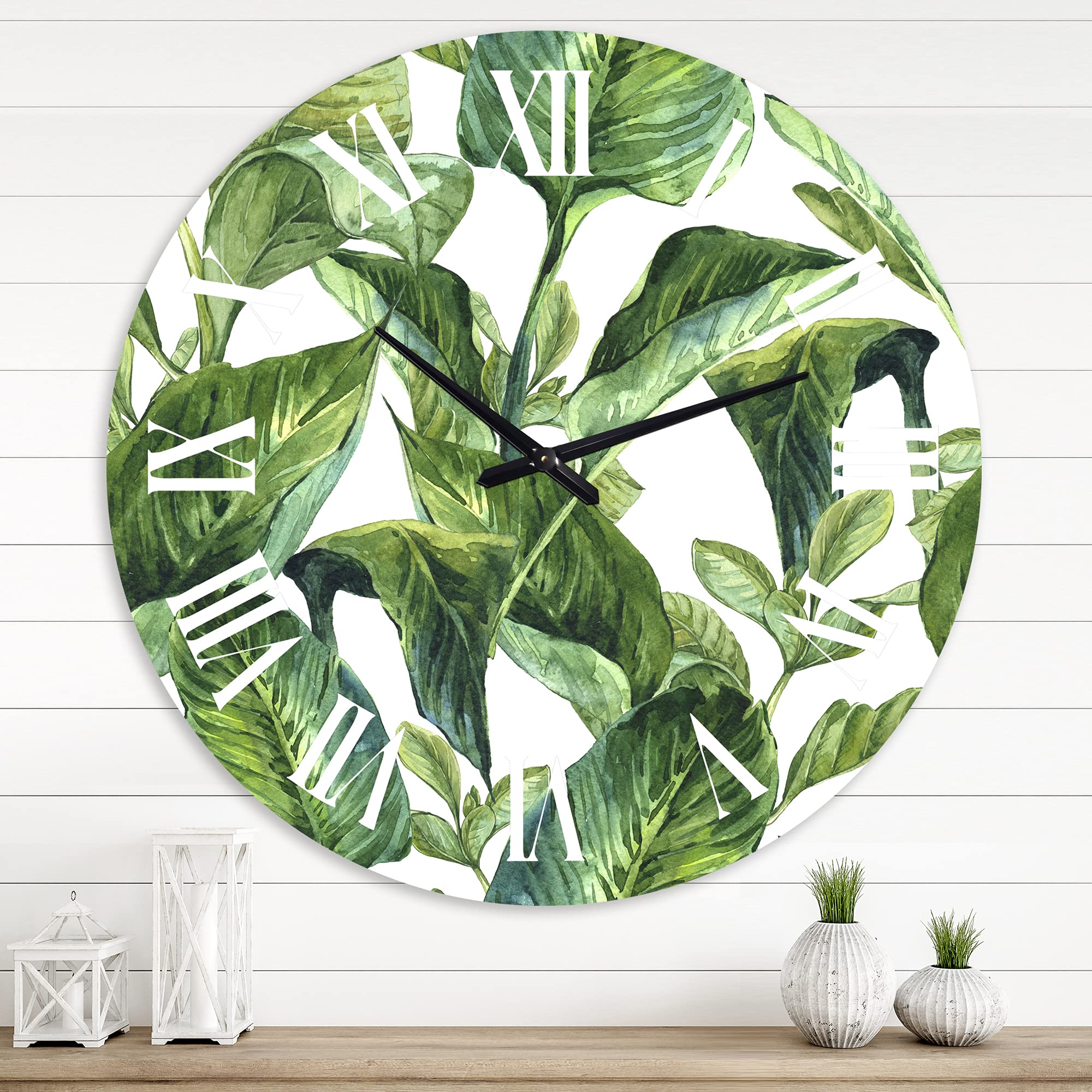 DesignQ Tropical Wall Clock - Large Floral & Botanical Wall Art with Tropical Leaves for Living Room, Bedroom, or Office Decor | Perfect for Home, Apartment & Workspace