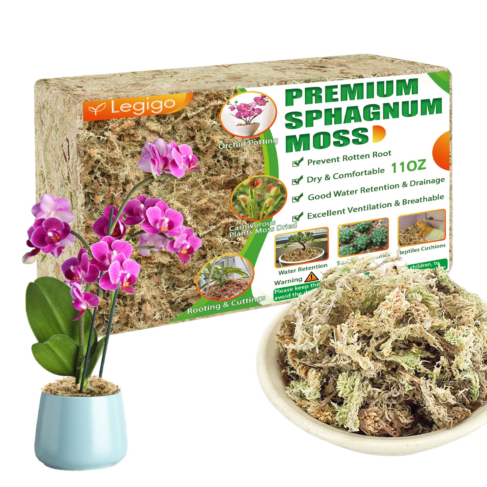 Legigo 11oz Premium Sphagnum Moss Potting Mix - Natural Dried Moss for Succulents, Carnivorous Plants, Orchids & Reptiles | Ideal Growing Medium for Sarracenia, Gardening & Terrariums | 7 QT (Approx. 11oz) | Perfect for Indoor Plants, Greenhouses & Reptile Habitats