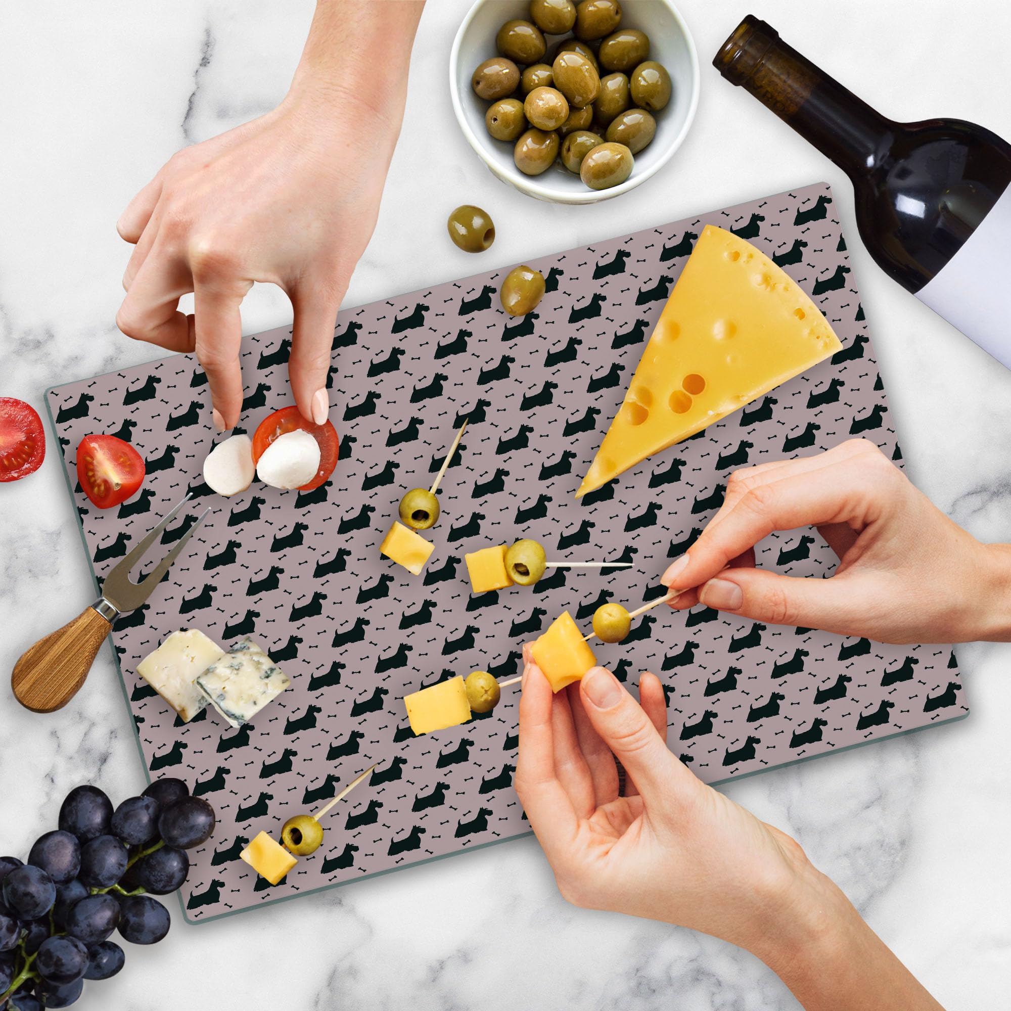 Ambesonne Scottie Dog Glass Cutting Board - Large Tempered Glass Serving Tray with Hairy Terrier & Bones Design on Pink Background - Perfect for Kitchen Prep, Charcuterie Display & Home Decor (Pale Pink & Black)