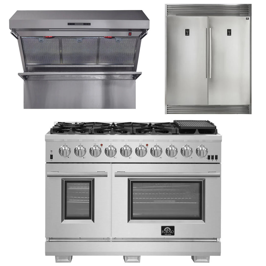 48 Inch Professional Gas Range with Wall Mount Range Hood & FBDL 019 05US Refrigerator - Complete Forno Appliance Package for Modern Kitchen | Perfect for Home Chefs & Entertaining