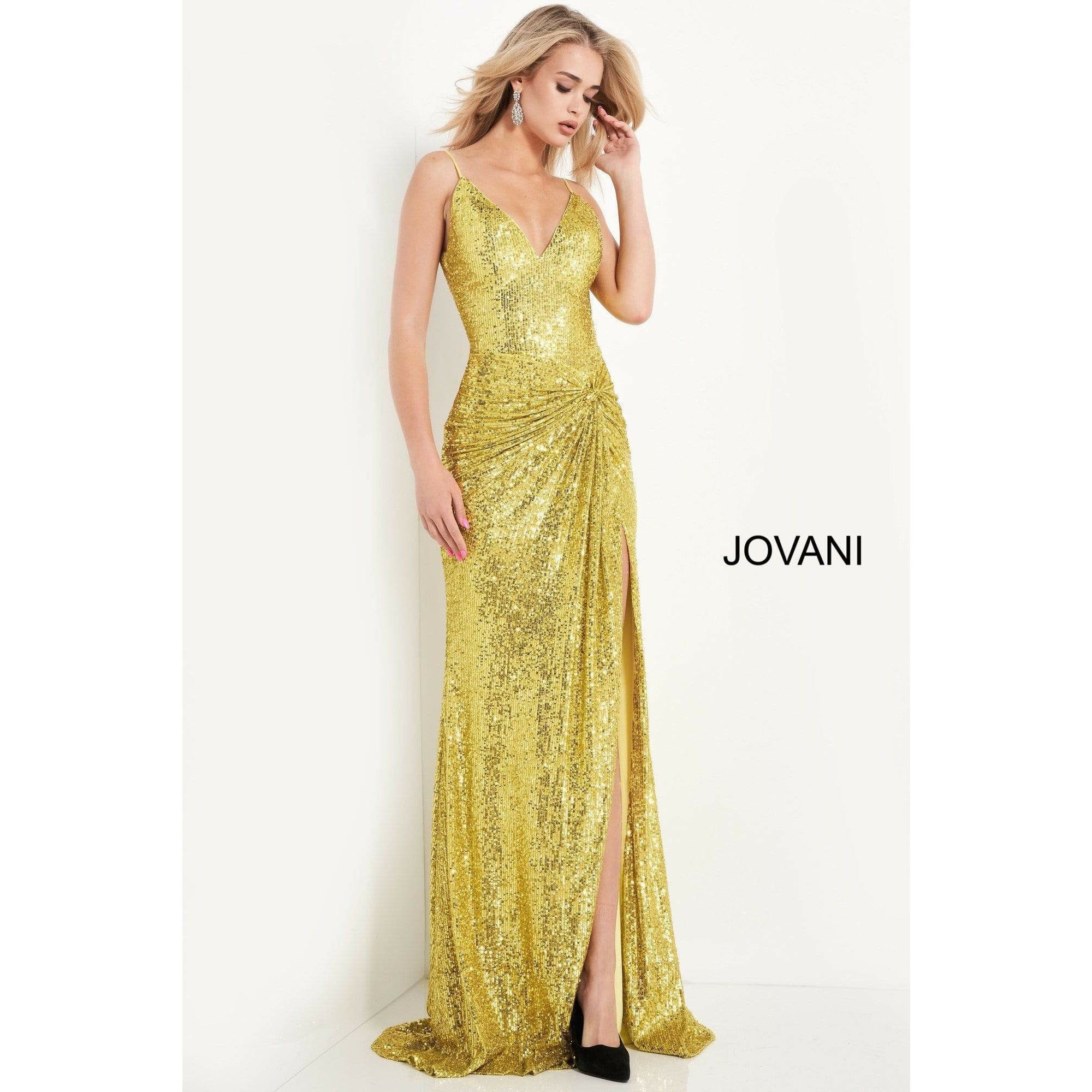 Jovani 06271 Yellow V-Neck Sequin Prom Dress for Homecoming, Evening Gala & Special Occasions | Elegant Formal Gown with Sparkling Details
