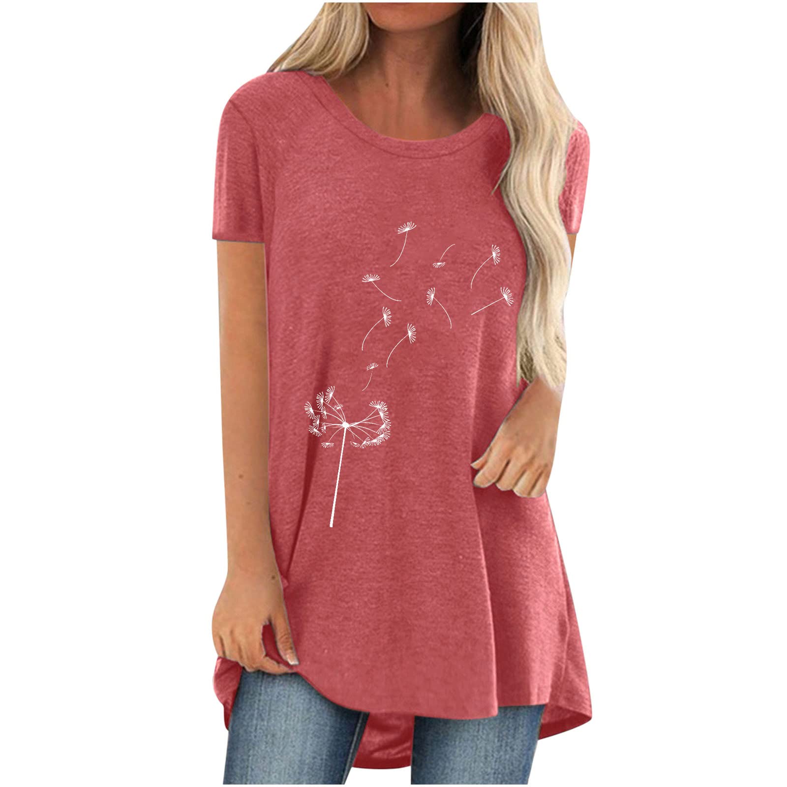 Women's Summer Tunic Tops - Casual Loose Dandelion Print Blouses & Classic Round Neck Short Sleeve Shirts | Trendy Dressy Tops for Beach, Vacation & Everyday Wear