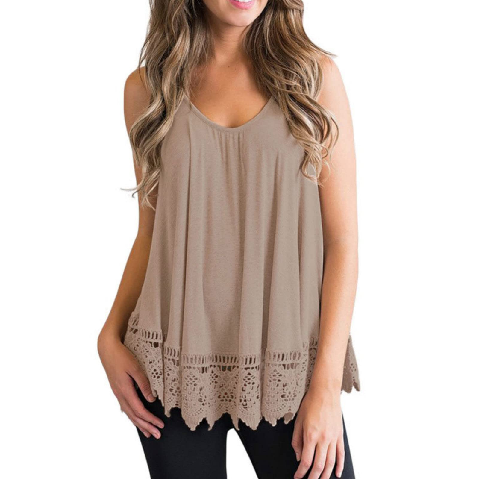 Women's Summer Tops - Solid Color Sleeveless Lace Hem Vest Tee Shirts | Casual Vacation Tank Tops for Beach, Travel & Everyday Wear