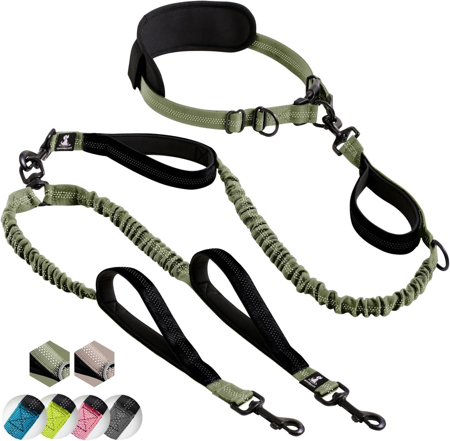 SparklyPets Hands Free Double Dog Leash for Medium & Large Breeds - No Pull Tangle-Free Dual Leash with Padded Handles & Reflective Stitching - Perfect for Walking, Running, Hiking with 2 Dogs (Green)