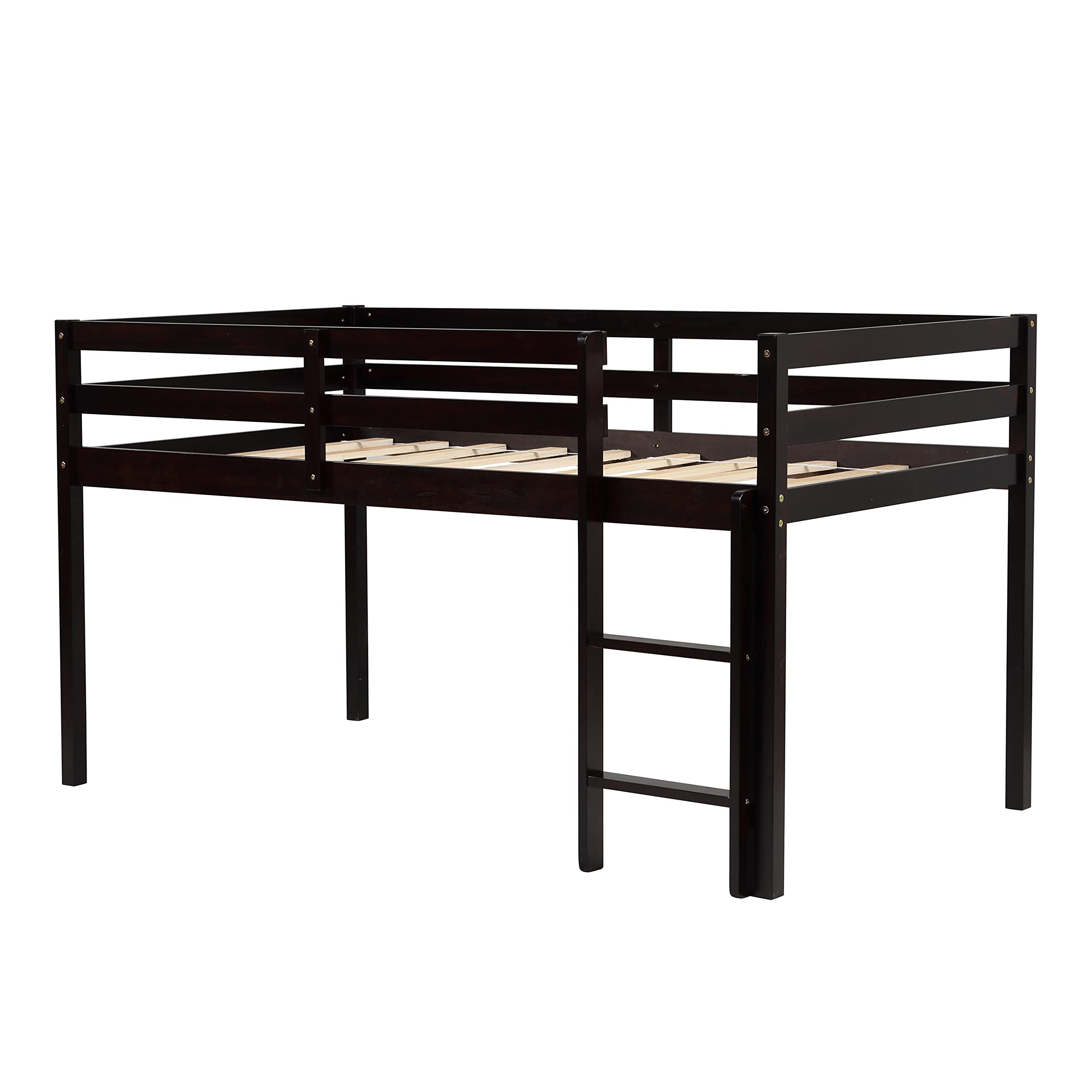 Twin Size Wood Loft Bed with Ladder - Low Bunk Bed for Teens, Kids, Boys & Girls - Sturdy Espresso Bedroom Furniture - Perfect for Small Spaces, Dorm Rooms & Shared Kids' Bedrooms