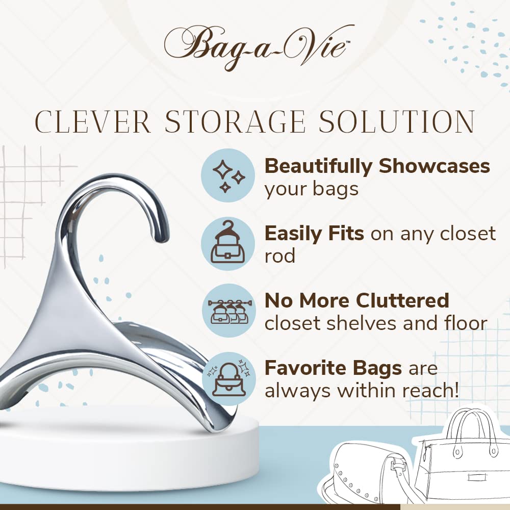 Premium Bag-a-Vie Purse Hanger for Closet - Silver Metal Handbag Organizer Hook for Hanging Purses & Bags | Protects Bag Shape & Saves Space | Perfect for Home, Office & Travel Organization