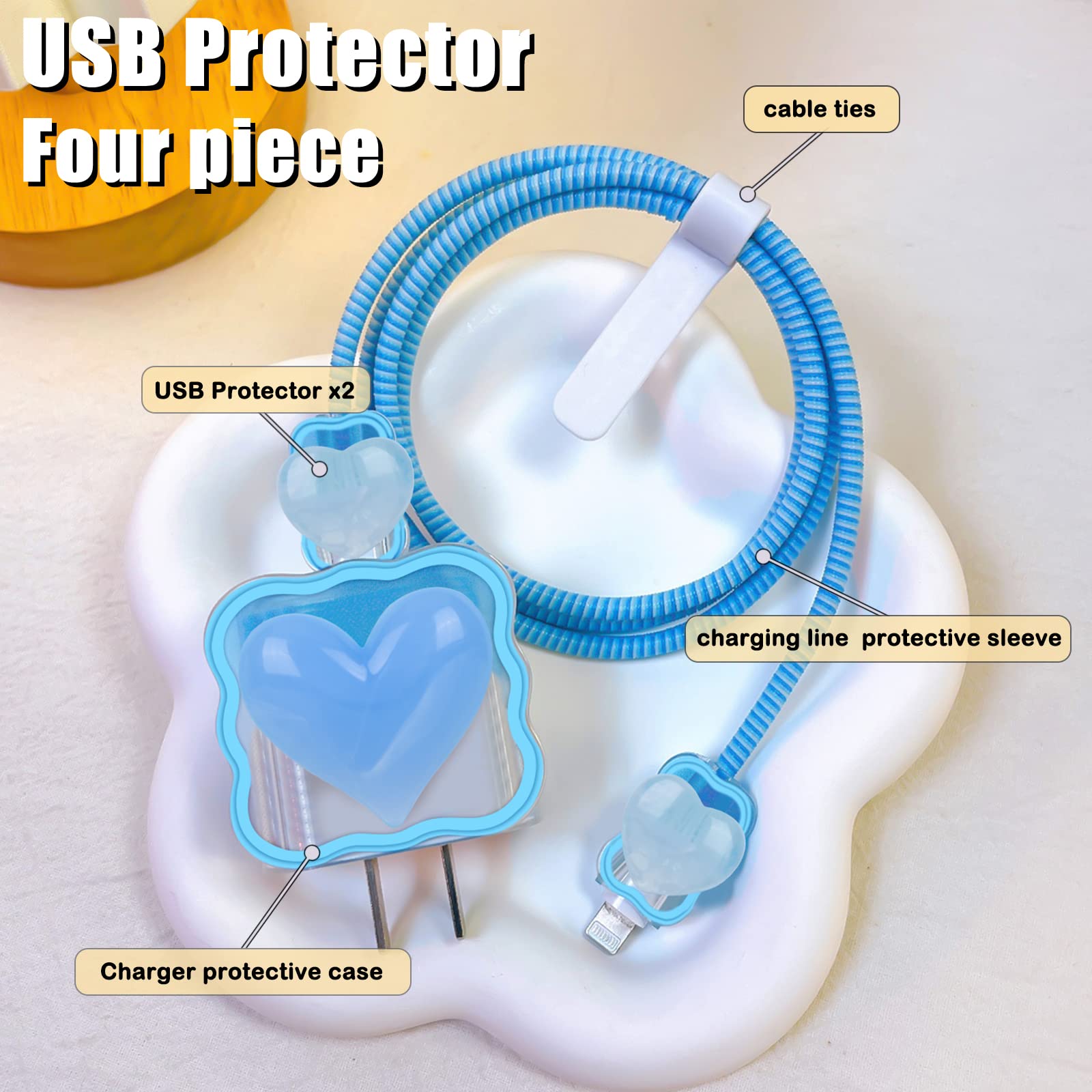 3D Marble Heart Cable Protector for iPhone Charger - Cute Waves Design, USB Charger Wire Saver for iPhone 11/12/13/14 Pro Max/XS/XR/X/7/8 Plus (Blue) - Protect Charging Cables from Pets, Kids & Daily Wear