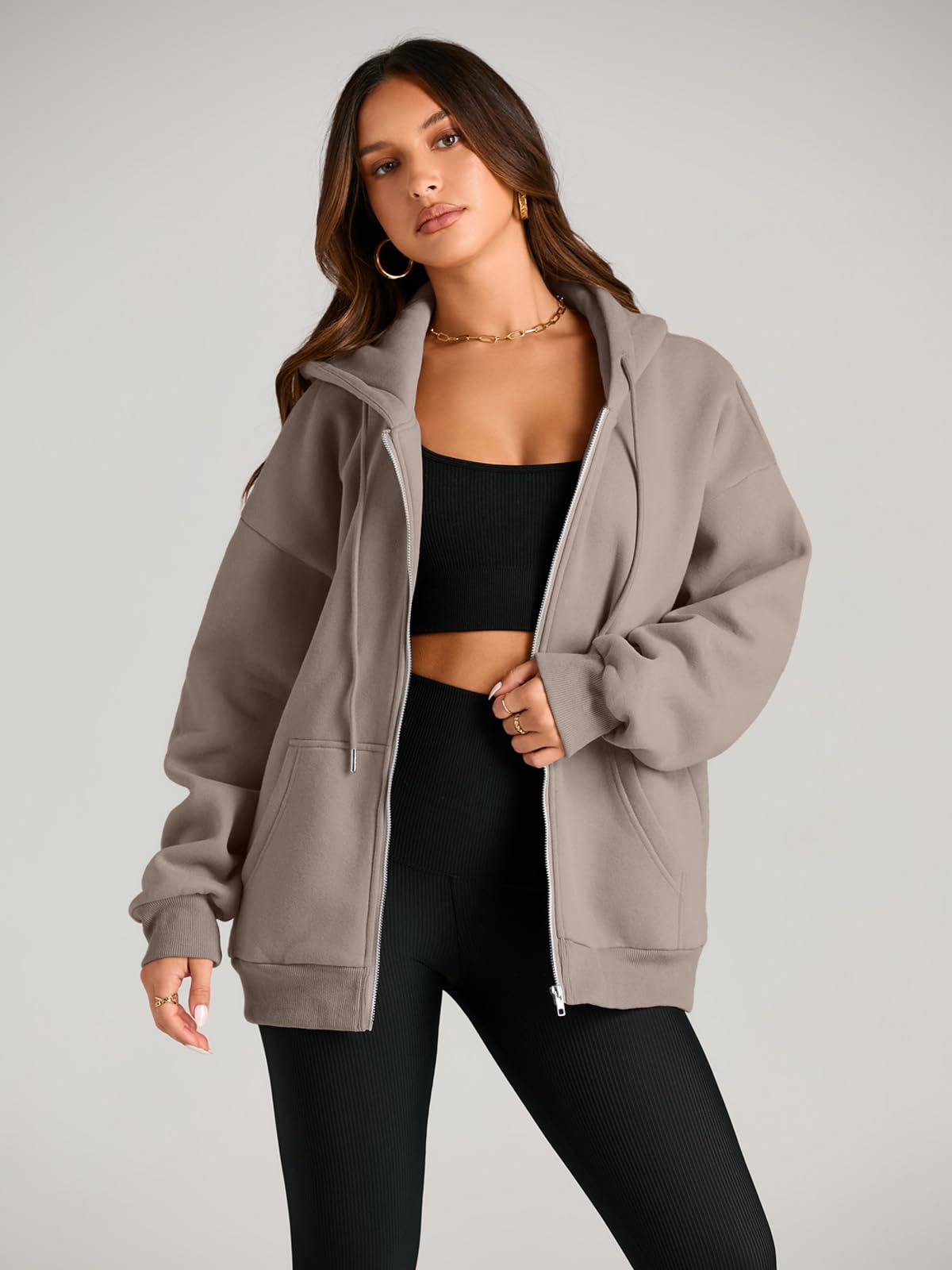 EFAN Women's Oversized Zip Up Hoodie with Drawstring & Pocket - Cute Fall Jacket Casual Sweatshirt for Streetwear, Lounge & Outdoor Activities
