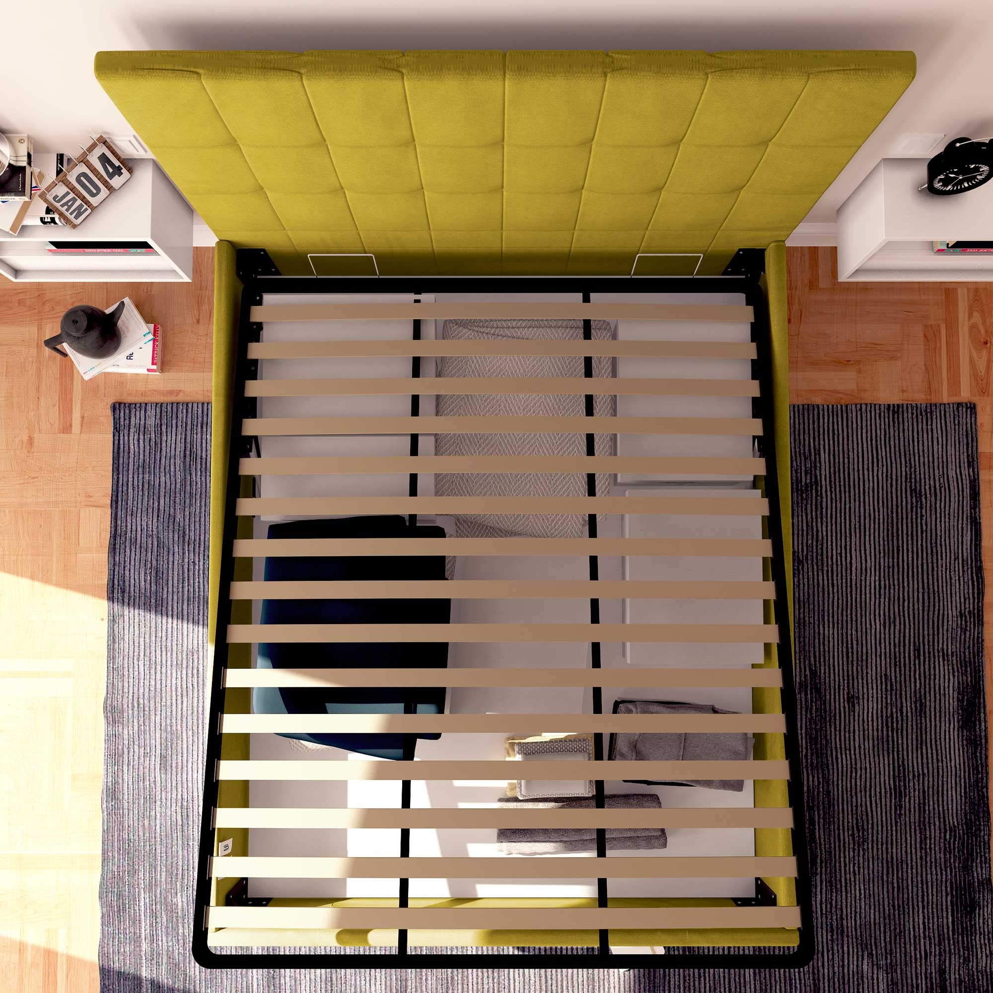 Baldiflex Dublin Fabric Double Bed Frame with Slatted Base and Storage, 160x200cm, Elegant Mustard Headboard - Perfect for Small Bedrooms, Guest Rooms & Modern Apartments