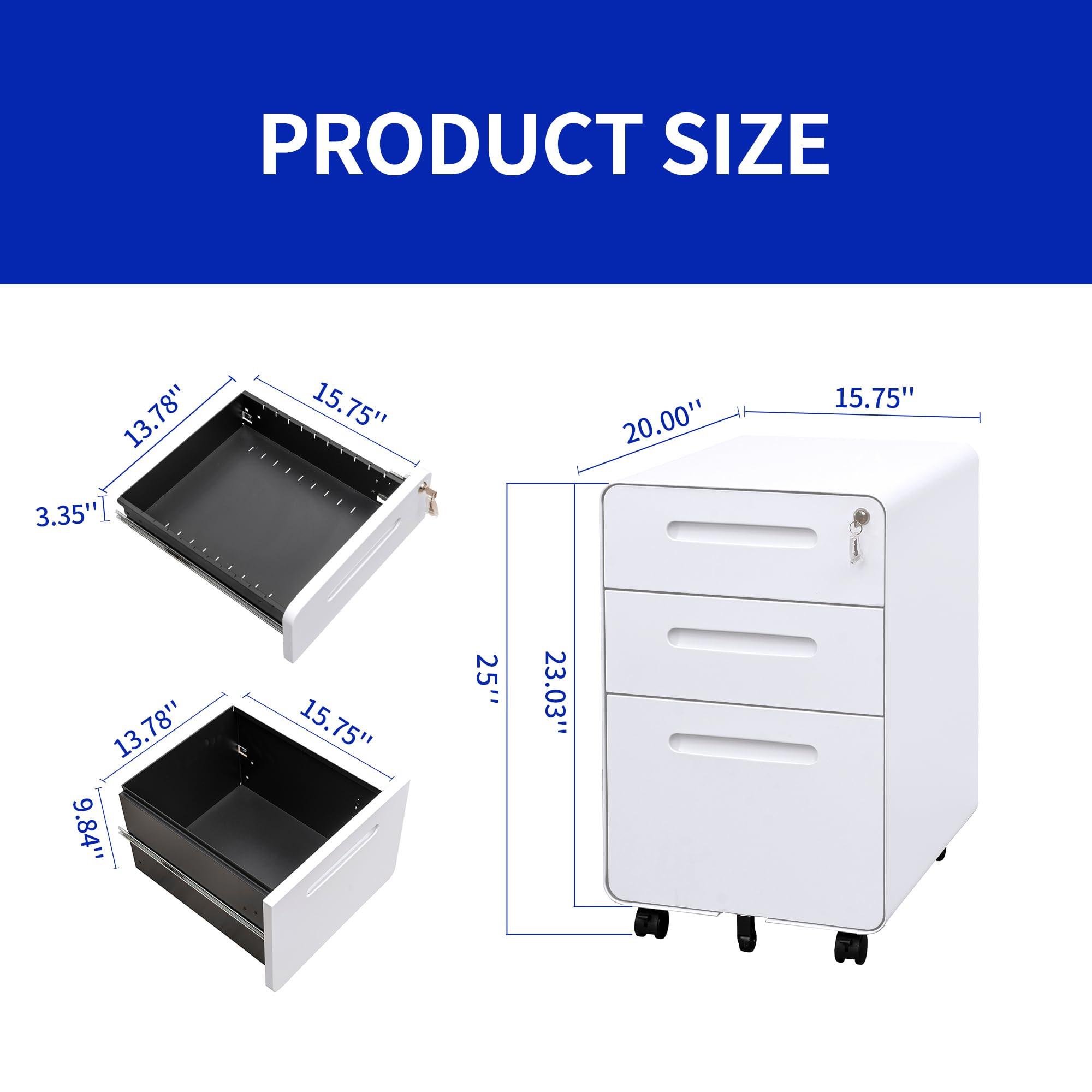 3-Drawer Mobile File Cabinet with Lock - Under Desk Metal Filing Cabinet for Home & Office - Fits Legal, Letter & A4 Files - Fully Assembled (Except Wheels) - White - Perfect for Small Spaces & Organization