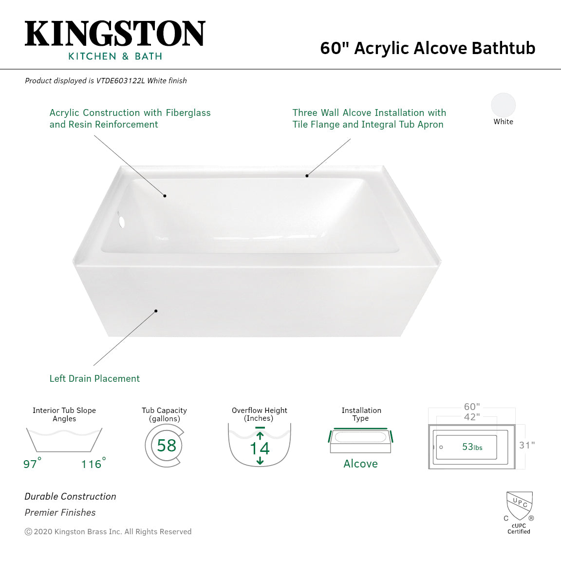 Aqua Eden VTDE603122L 60-Inch Acrylic Rectangular 3-Wall Alcove Bathtub - Left Hand Drain, Glossy White - Perfect for Modern Bathroom Renovations & Spa-Like Relaxation
