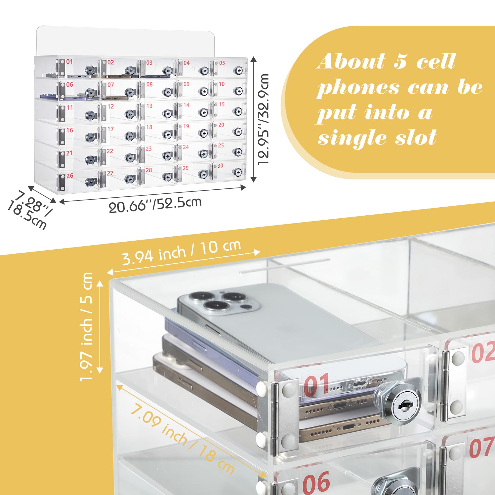 Clear Acrylic Phone Locker Box with Door Locks & Keys - 23.62