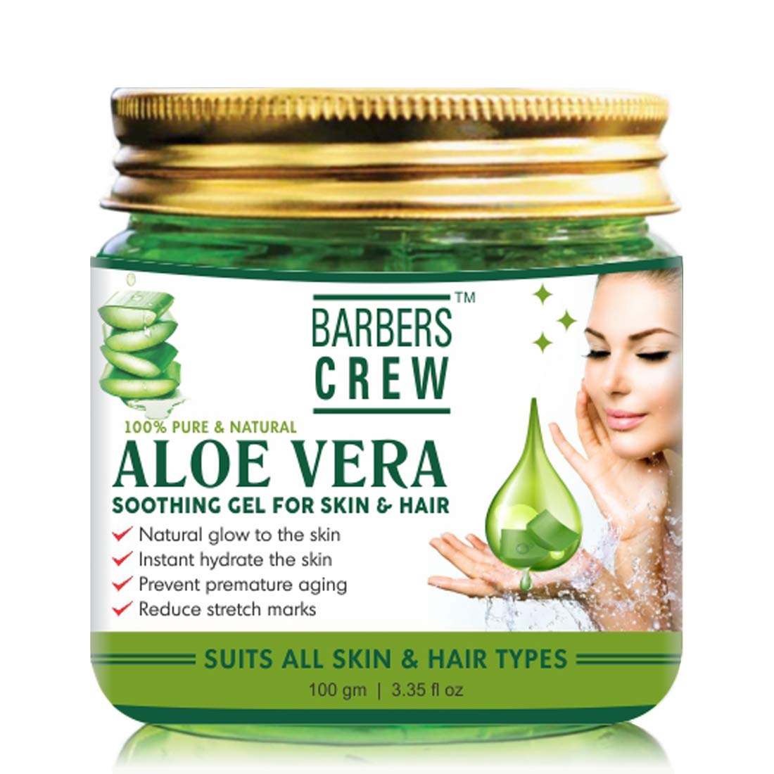 BARBERS CREW Pure & Organic Aloe Vera Gel for Face, Skin & Hair - 100g Soothing Moisturizer for Sunburn, Acne & Dry Skin - Perfect for After Shave, Hair Care & Daily Skincare Routine