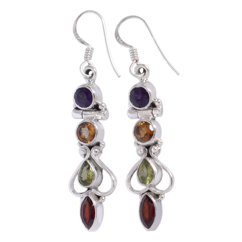 Natural Garnet Peridot Citrine & Iolite Gemstone 925 Sterling Silver Handmade Dangle Earrings for Women - Elegant Bohemian Jewelry Gift for Birthday, Wedding & Party (MultiColor)