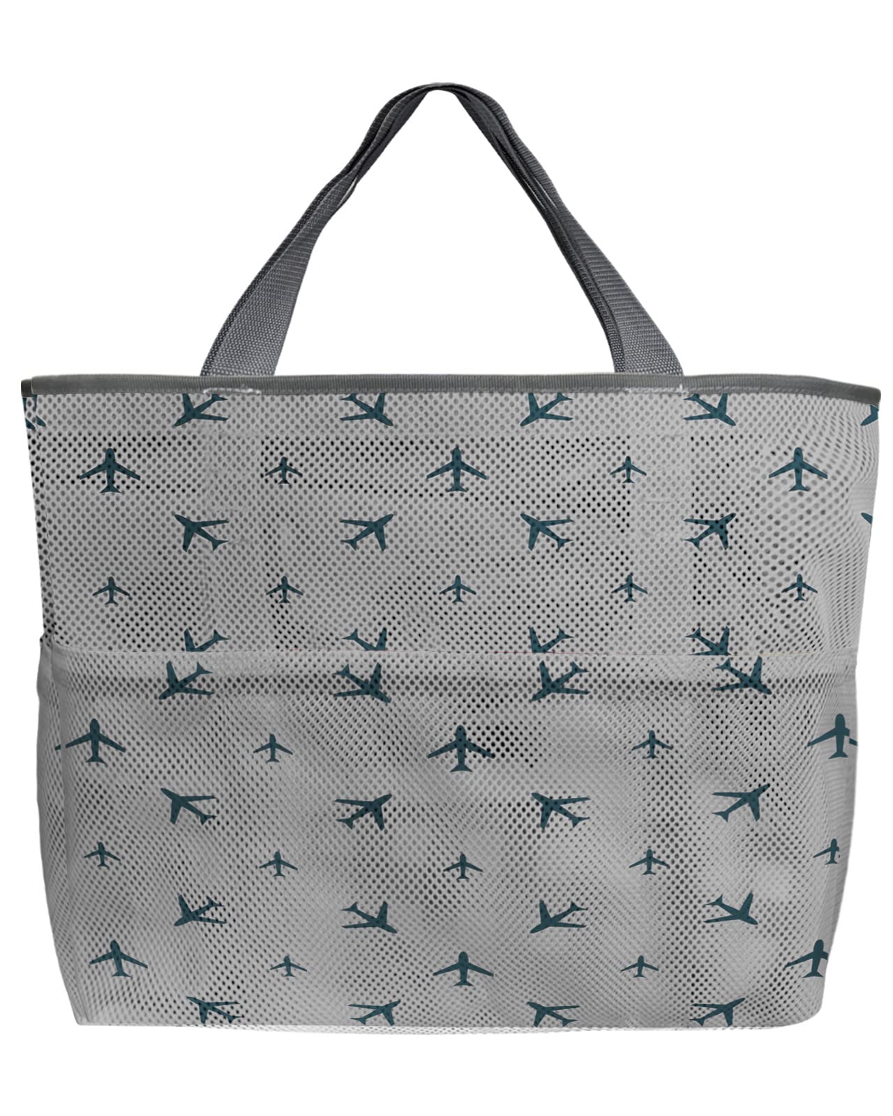 Mesh Beach Tote Bag with Airplane Silhouette - 60L Oversized Quick-Dry Swim Bag with Pockets | Foldable Lightweight Storage Net for Beach, Pool & Travel | Perfect for Groceries, Toys & Summer Essentials (24