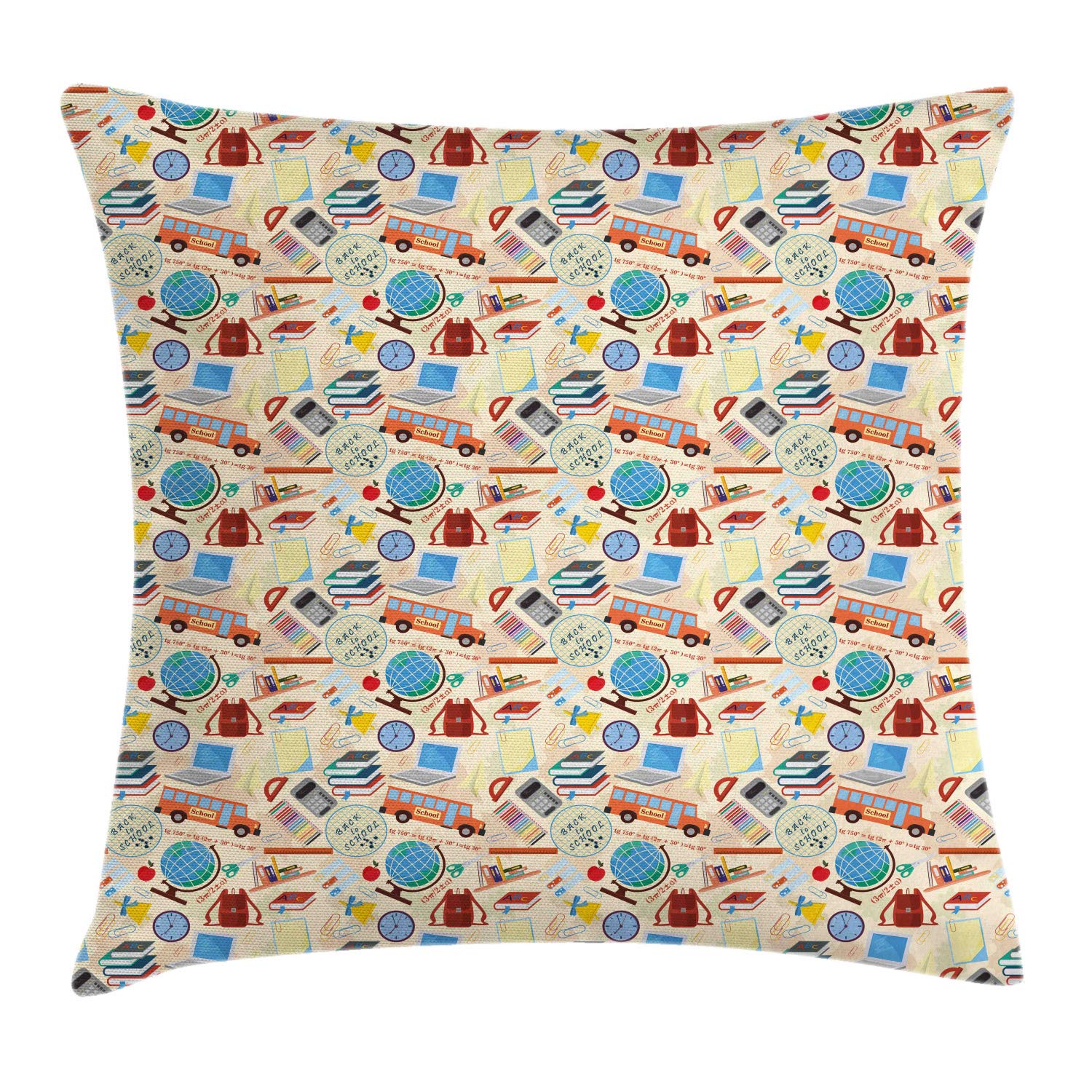 Ambesonne Vintage Cartoon Throw Pillow Cover 36x36 Inch - Fun Globe, Laptop & Bus Print Decorative Square Cushion Case in Champagne & Multicolor | Perfect for Living Room, Bedroom & Office Decor