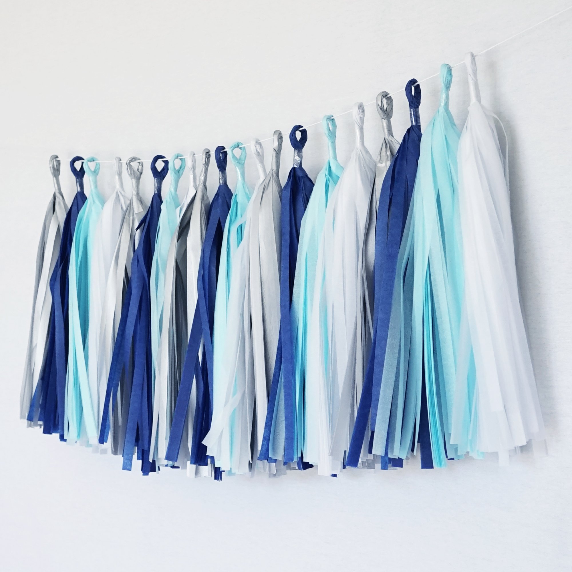 DIY Tissue Paper Tassel Garland - 40 Count (2 Pack) Blue Navy White Silver Party Decorations for Birthday, Wedding, Baby Shower & Holiday Celebrations