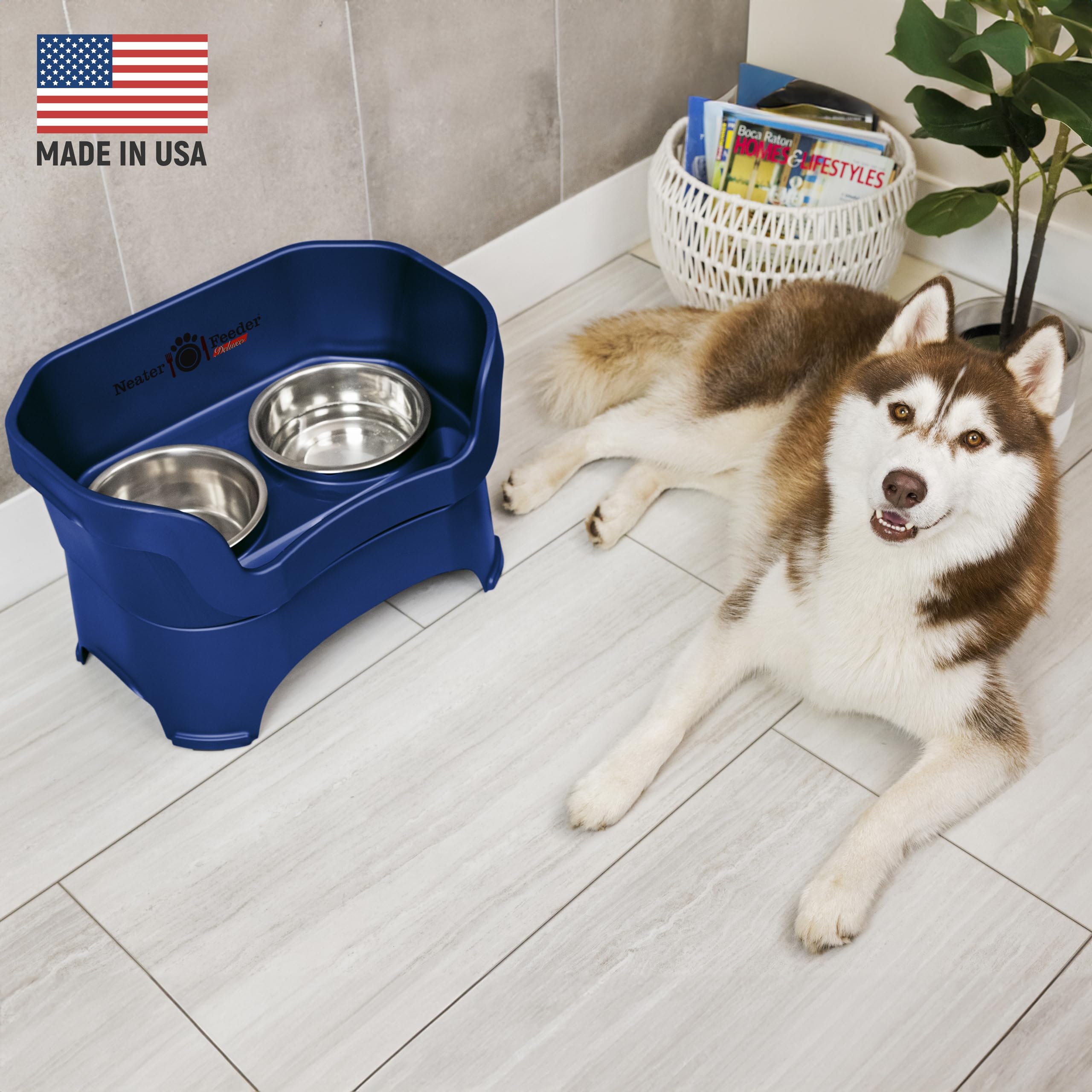 Neater Feeder Deluxe Elevated Dog Bowls for Large Breeds – No Spill Stainless Steel Pet Food & Water Bowl Set – Mess Proof Feeding Station (Dark Blue, Made in USA) – Perfect for Indoor/Outdoor Use & Easy Cleanup
