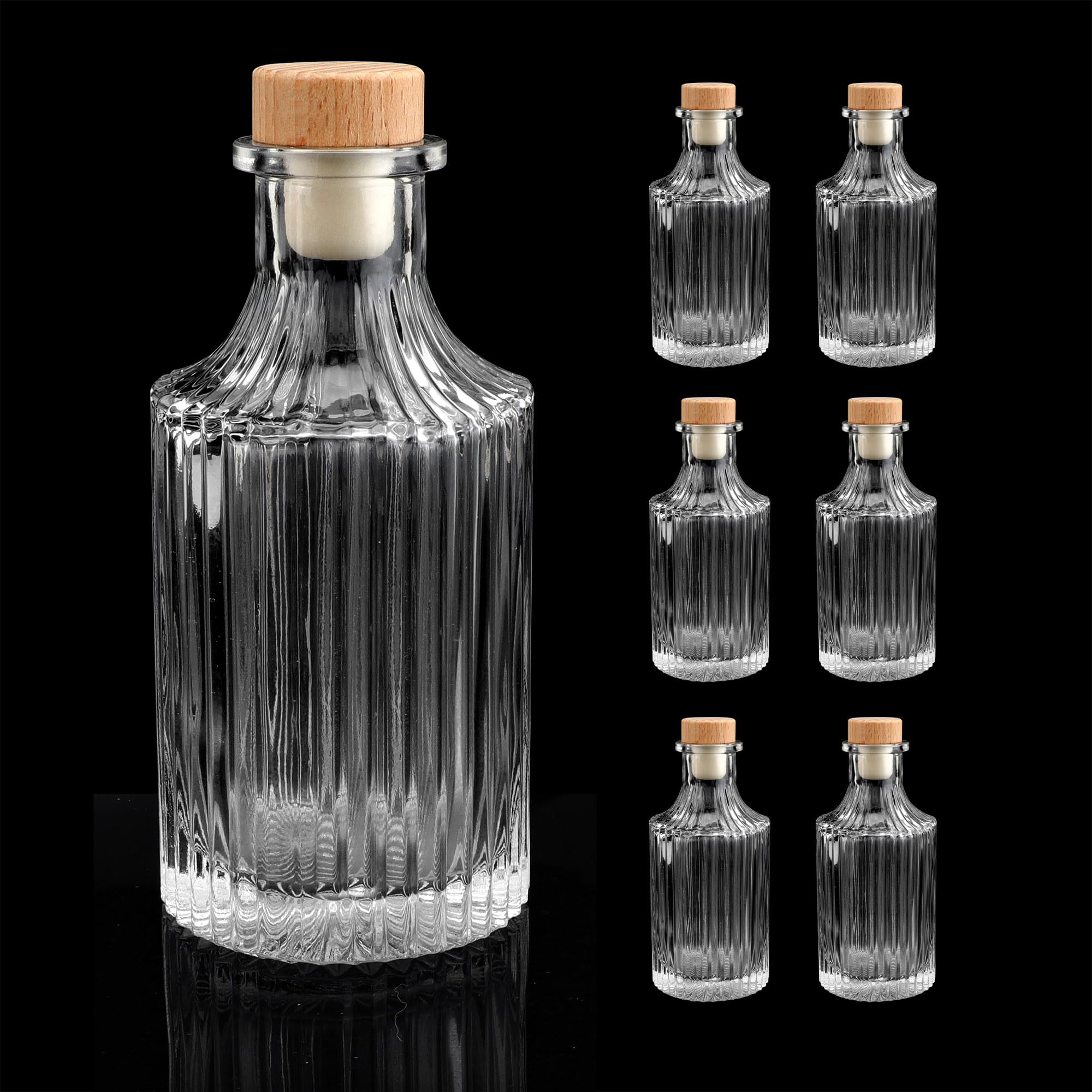 6 oz Clear Glass Bottles with T-Top Cap [Pack of 6] - 200ml Heavy Base Bottles for Wine, Oil, Vinegar, Kombucha, Beer, Water & Soda | Airtight Cork Stopper & Stripe Design | Perfect for Home Brewing, Craft Cocktails & DIY Beverage Storage