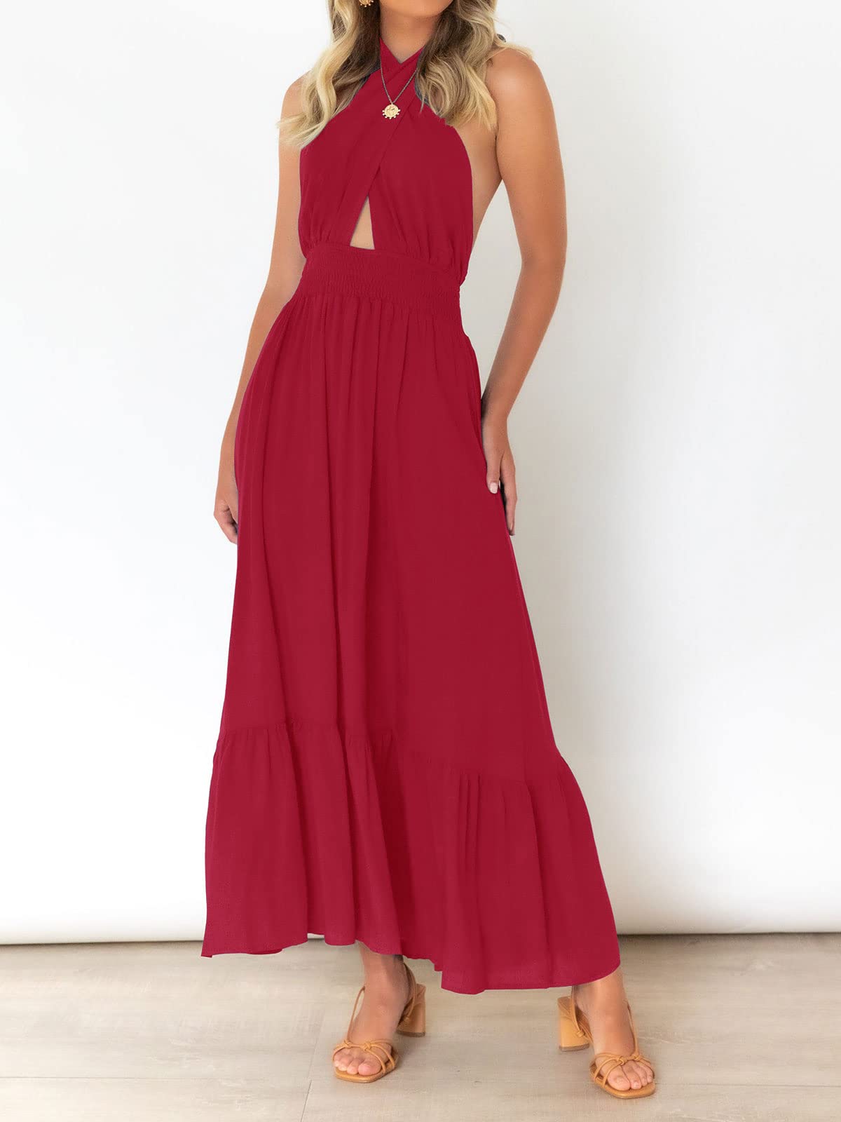 ZESICA Women's 2025 Summer Halter Neck Sleeveless Plaid Maxi Dress with Cut Out Back - Flowy A-Line Design for Beach Vacation, Party & Date Night