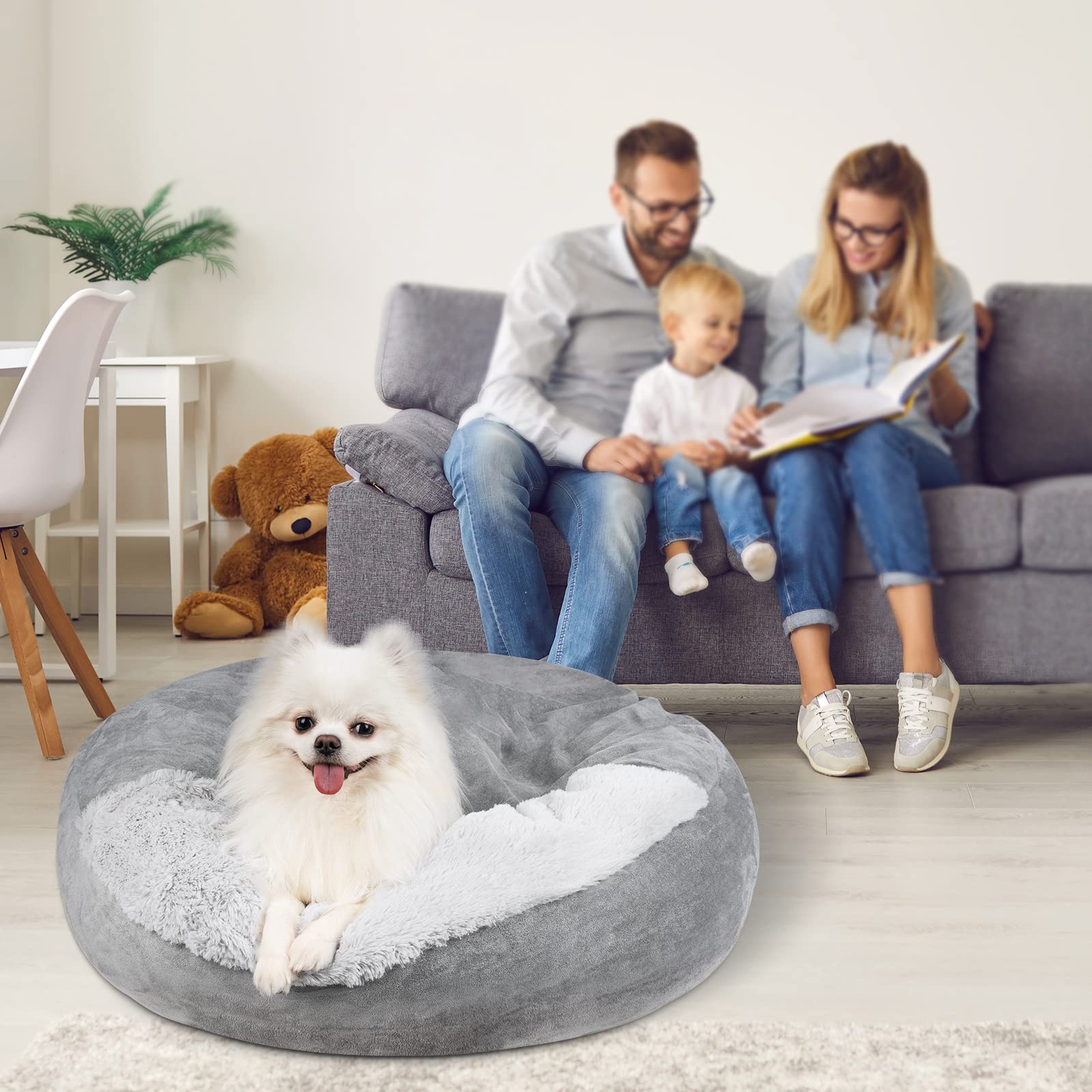 MICOOYO Medium Donut Dog Bed with Hooded Blanket - Washable Round Cuddler Pet Bed for Small to Medium Dogs & Cats (27 Inch, Grey) - Perfect for Indoor Lounging, Crate Comfort & Cozy Napping