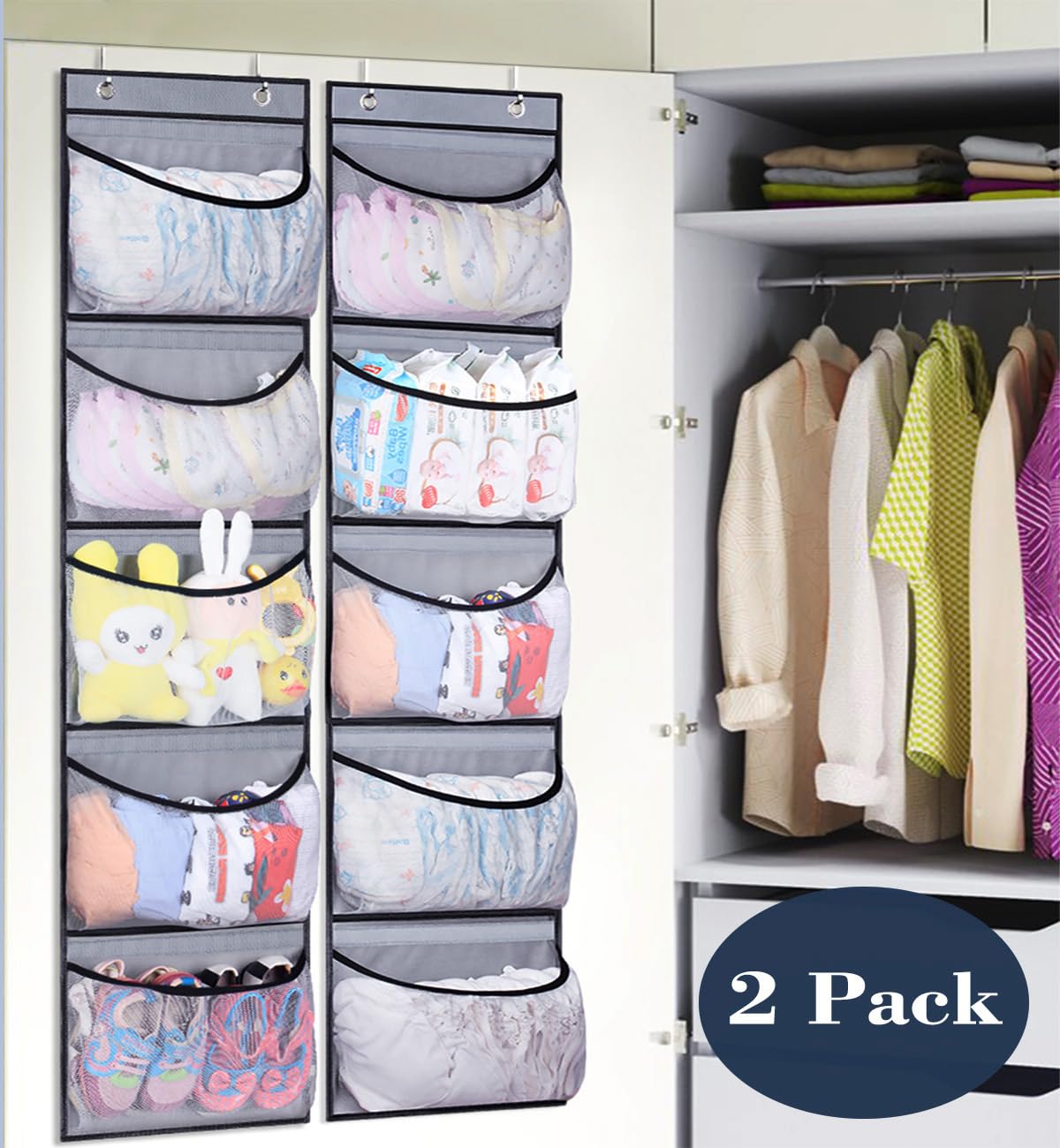 KEETDY Over The Door Hanging Shelves - 5-Pocket Storage Organizer for Closet, Bedroom & Bathroom - Space Saving Solution for Towels, Toys & Accessories - 2 Pack (Grey)