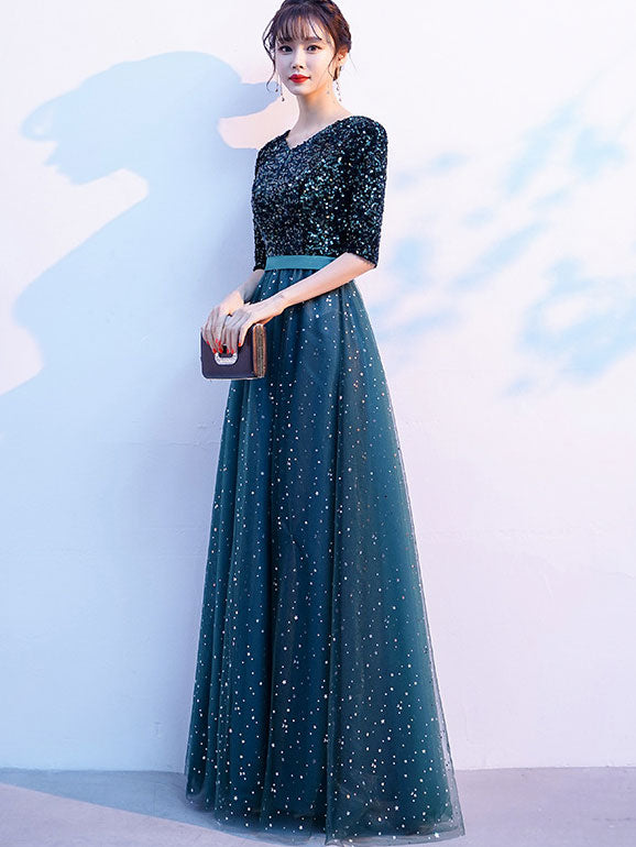 Elegant Shimmer Fit & Flare Tulle V-Neck Prom Dress for Homecoming, Quinceañera & Formal Events | Long Sleeve Ball Gown with Sparkle Details