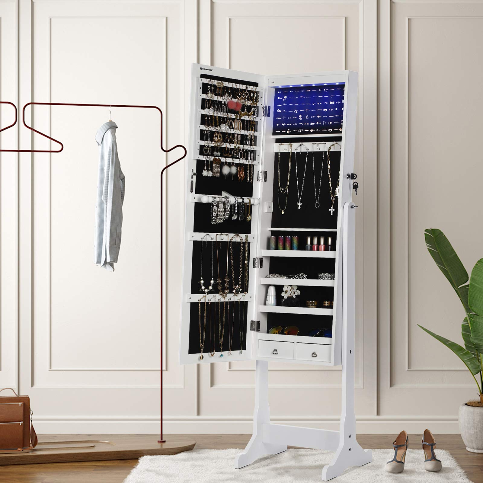 SONGMICS White Jewelry Cabinet with 6 LED Lights - Lockable Mirrored Jewelry Armoire Organizer with 2 Drawers | Perfect for Bedroom, Closet & Dressing Room Organization