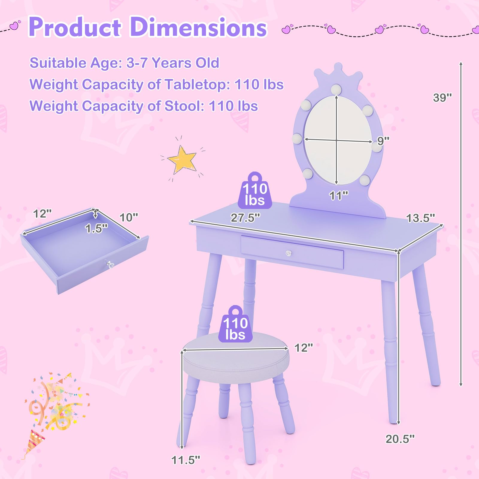 Costzon Kids Vanity Set with Mirror, Stool & LED Lights - 2-in-1 Wooden Makeup Dressing Table with Drawers for Girls - Pretend Play Toddler Vanity Desk & Chair Set (Violet) - Perfect for Birthday Gifts & Princess Room Decor