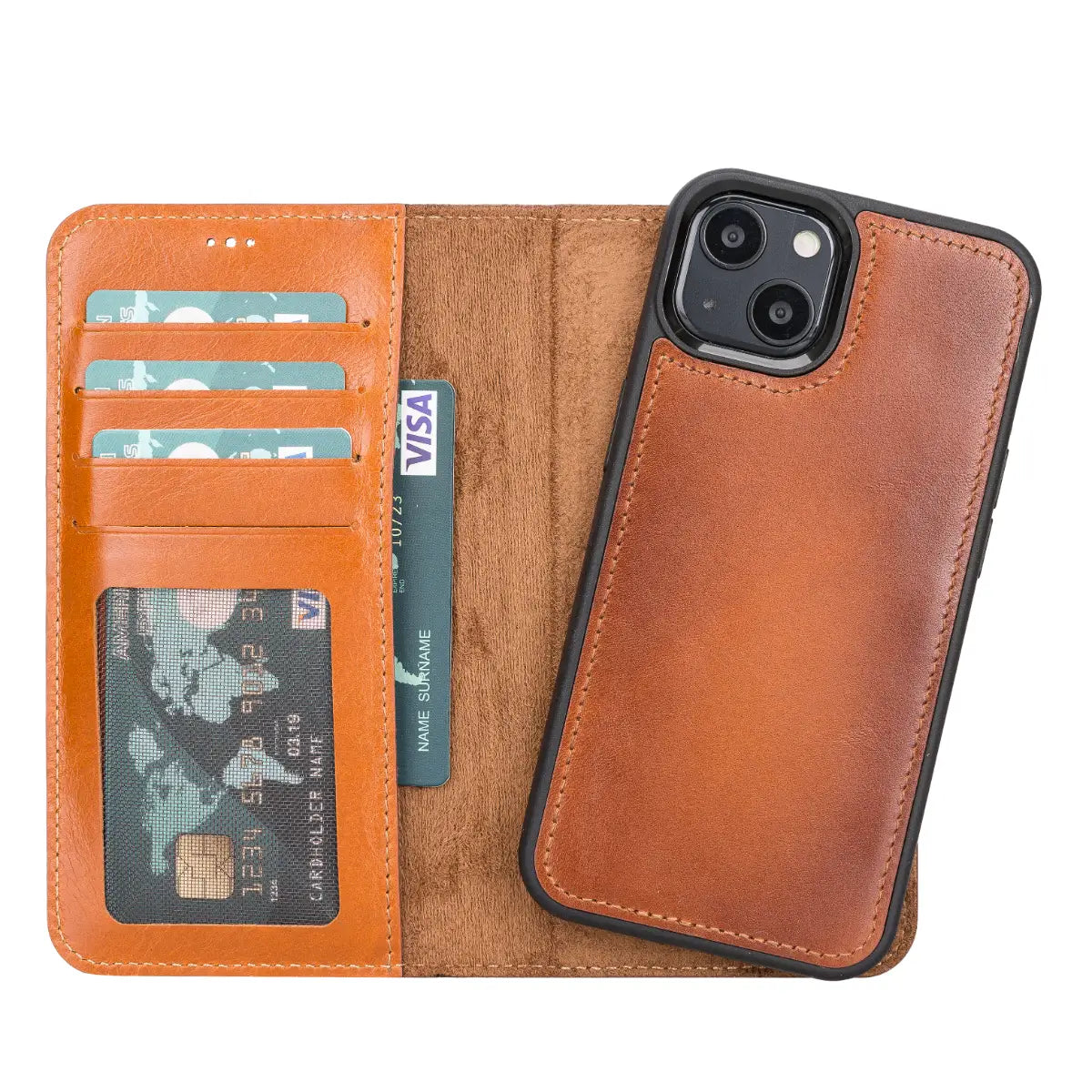 Premium Burnished Tan Leather Wallet Case for iPhone 13 - Slim RFID Blocking Phone Cover with Card Slots | Perfect for Everyday Use, Travel & Business