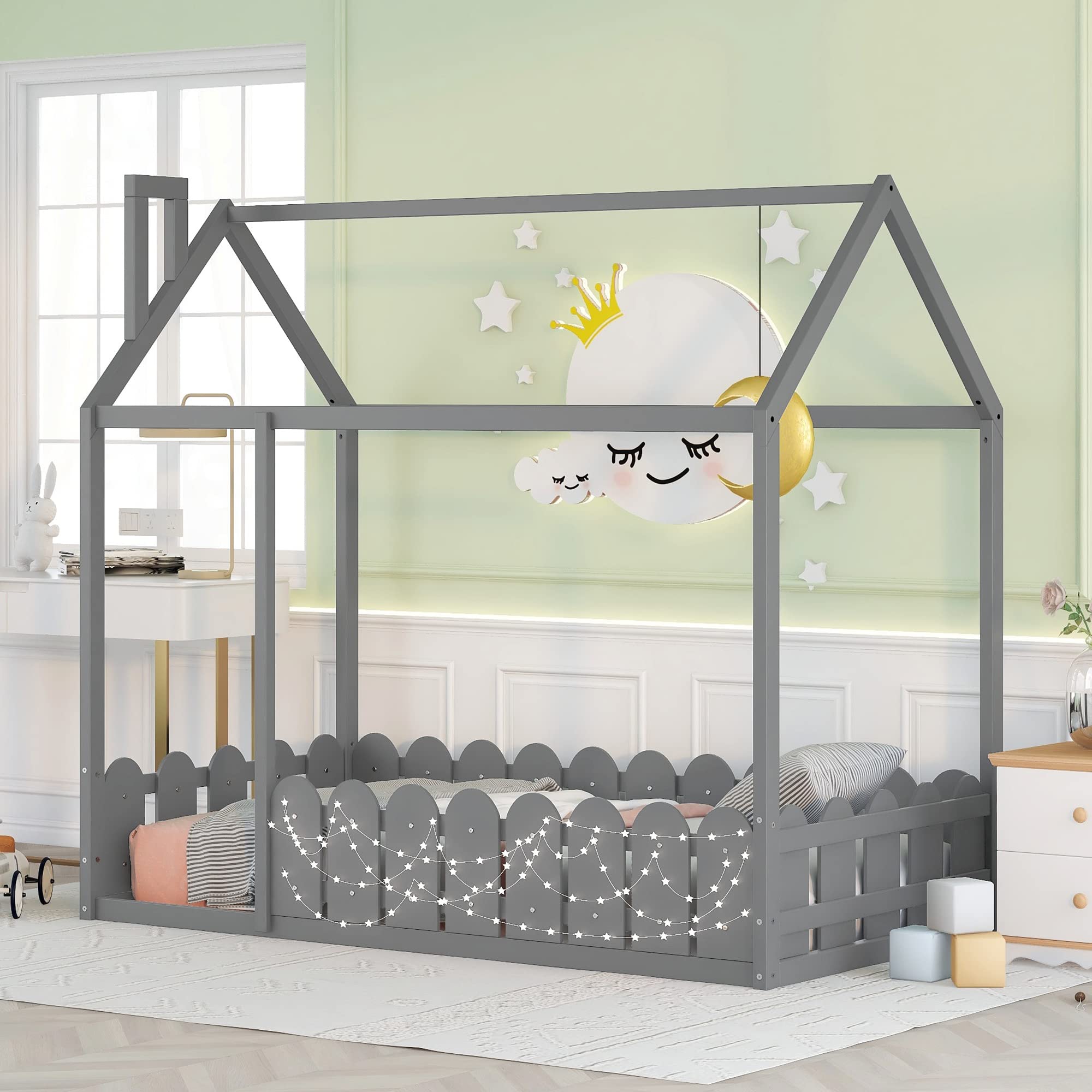 Harper & Bright Designs Twin House Bed Frame for Kids - Wooden Montessori Floor Bed with Fence-Shaped Guardrails - Toddler Bed for Boys & Girls in Grey - Perfect for Montessori Rooms, Kids Bedrooms & Safe Sleep Spaces