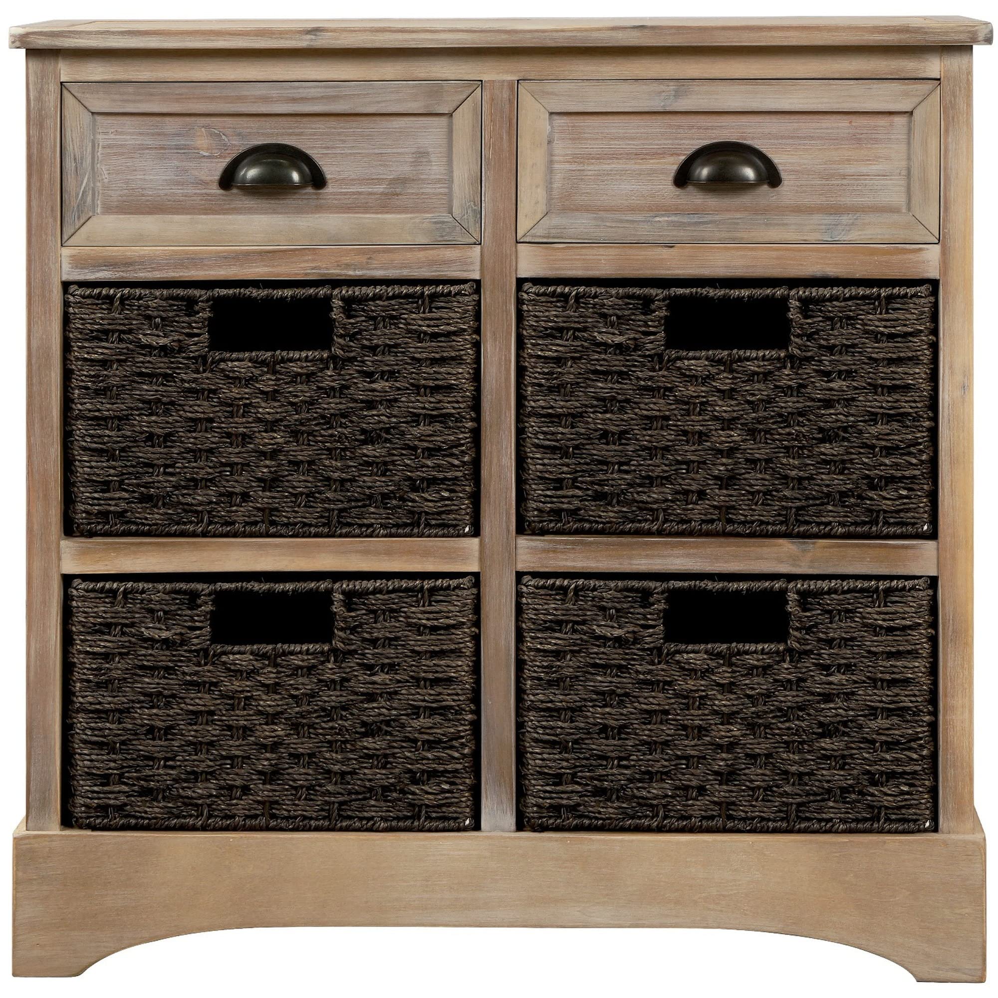 Rustic White Washed Storage Cabinet with 2 Drawers & 4 Classic Rattan Baskets - Farmhouse Style Organizer for Dining Room, Living Room, Entryway | Perfect for Home Decor, Kitchen Storage & Clutter Control