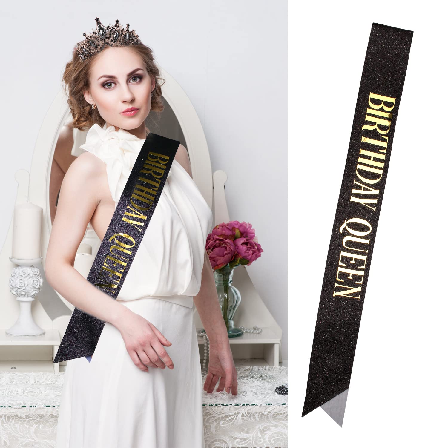 Elegant Birthday Tiaras & Queen Crowns for Women - Black Birthday Girl Sash & Crown Set - Perfect for Birthday Parties, Bachelorette Celebrations & Special Occasions