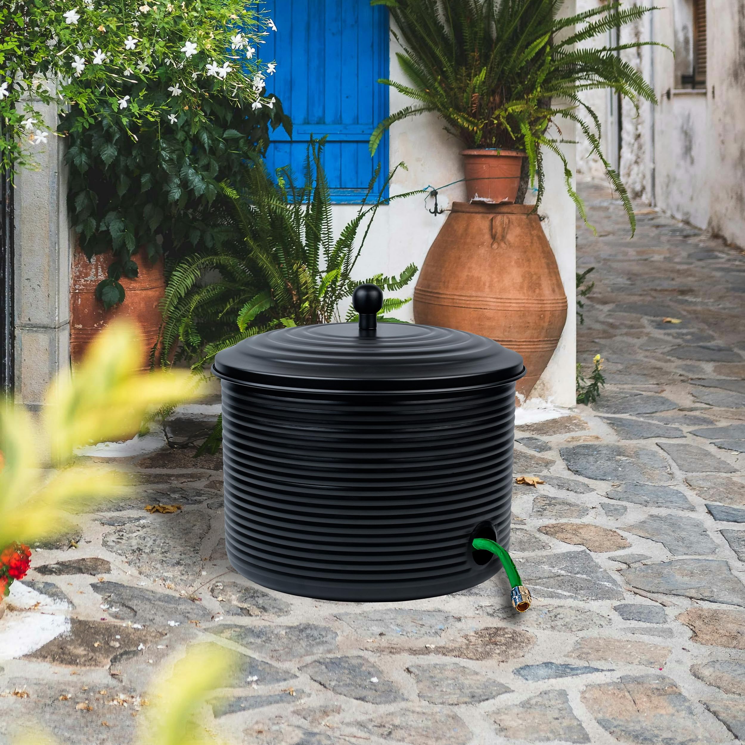 Antique Ribbed Metal Garden Hose Holder Storage Pot with Lid - Expandable Water Hose Container for Outdoor or Indoor Use - Holds Up to 125 ft Hose - Perfect for Yard, Patio, Garage & Garden Organization