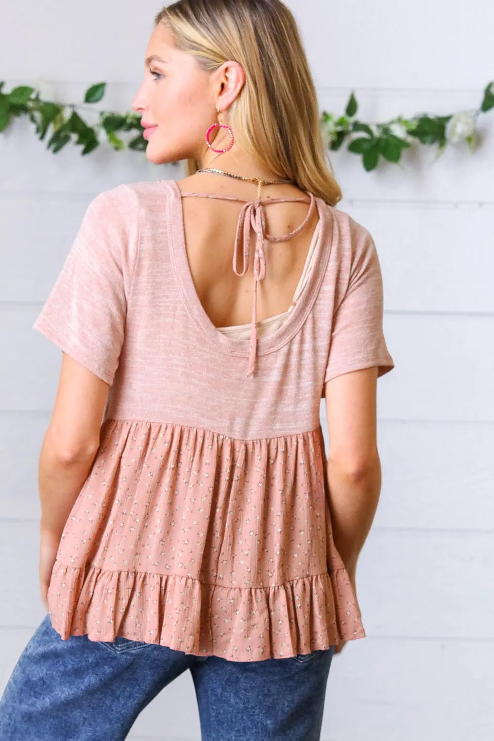 Elegant Mauve Tie Back Crinkle Floral Blouse for Women | Summer Boho Chic Tunic Top | Perfect for Beach Vacations & Date Nights