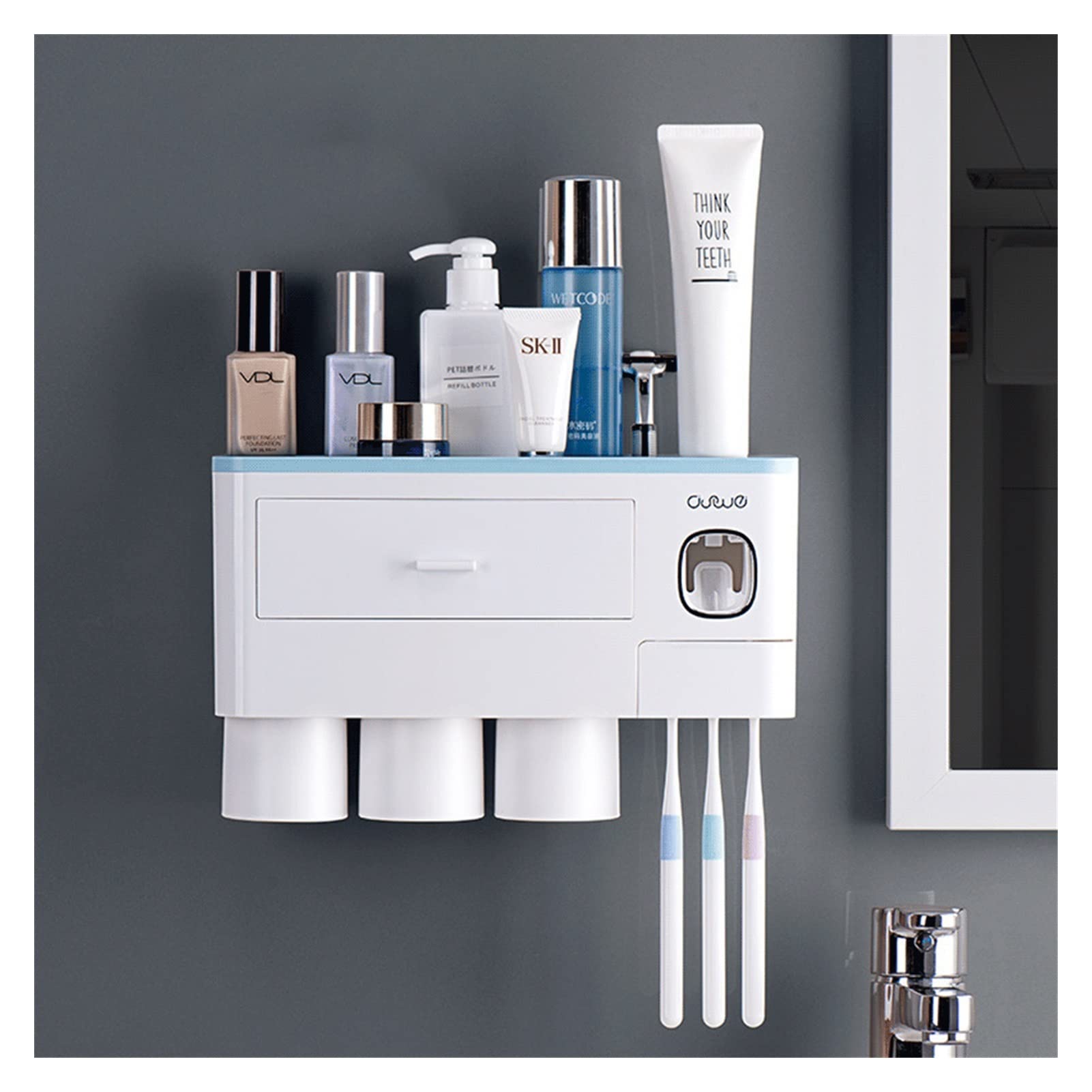 Wall Mounted Toothbrush Holder with Automatic Toothpaste Dispenser - Magnetic Bathroom Organizer for Vanity, 3 Cup Storage Tray (Blue) - Perfect for Small Bathrooms & Family Use