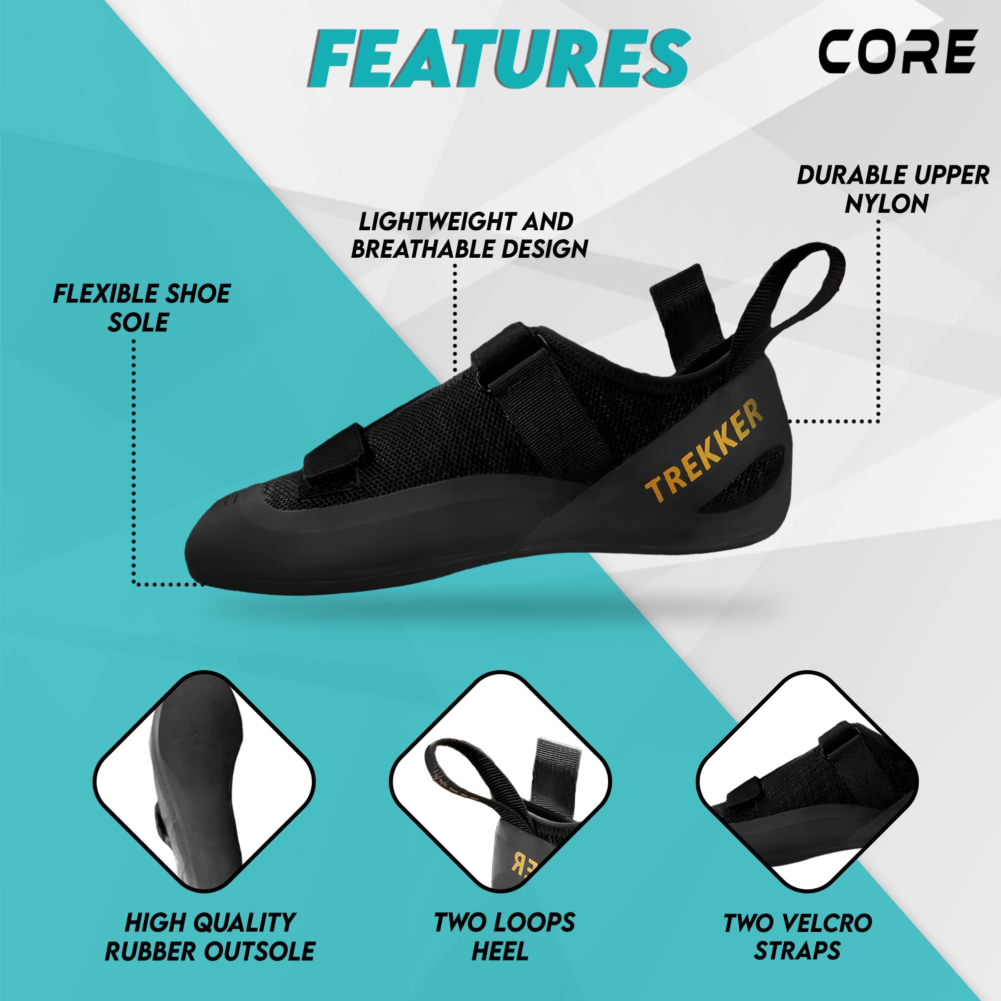 **Core Climbing Shoes - Lightweight Breathable Rock Climbing Shoes for Men & Women - Non-Slip Hiking & Wall Climbing Shoes with Dual-Strap Closure - Perfect for Indoor & Outdoor Climbing, Bouldering & Gym Training**
